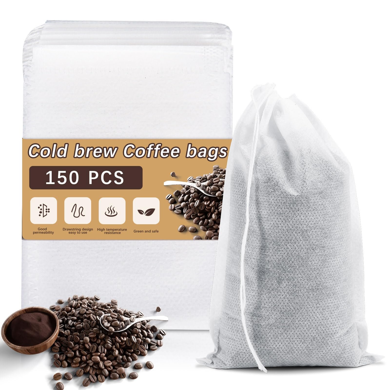 150 Pcs Cold Brew Bags 4x6 inch, No Mess Disposable Cold Brew Coffee Filter Pouches with Drawstring Large Empty Tea Bag for Loose Leaf Tea, Iced Coffee, Herbs, Spice, Home brewing, Hot pot