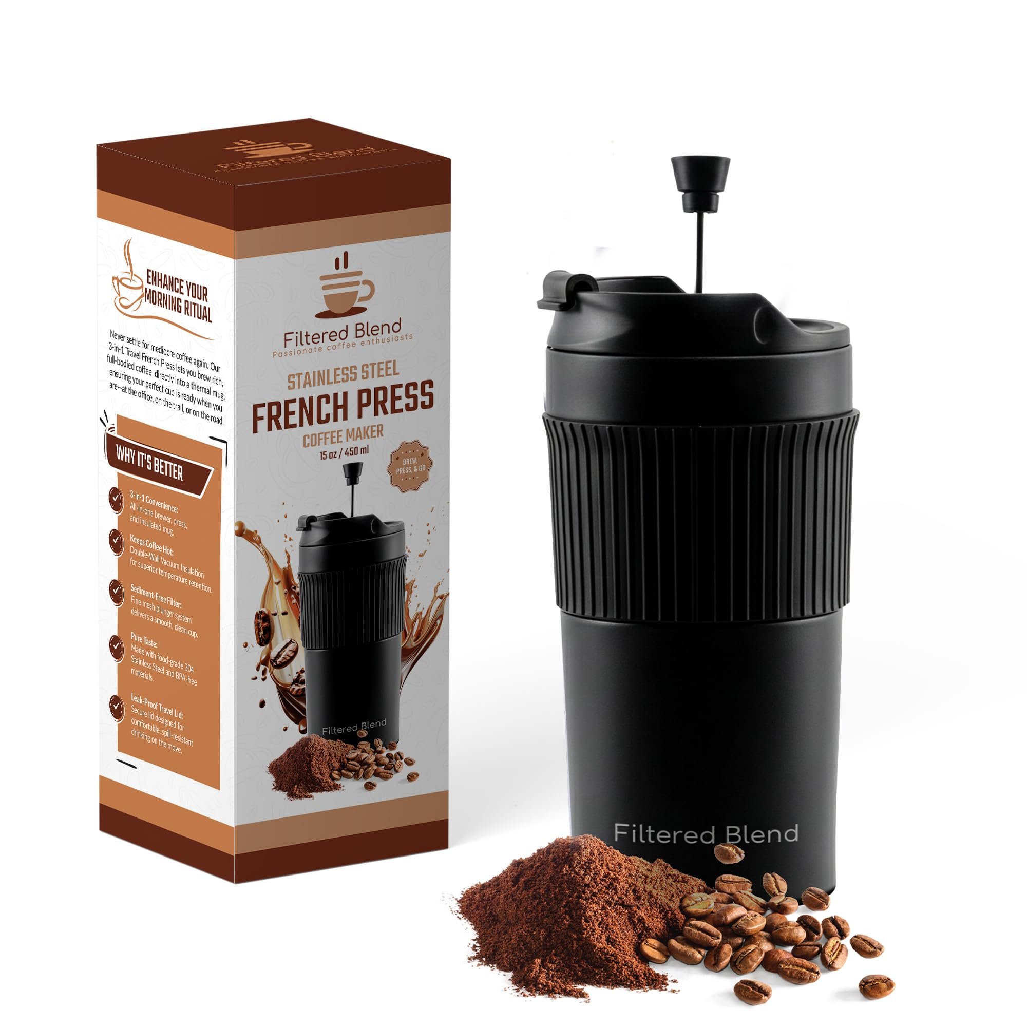 15oz Double Wall Stainless Steel Insulated French Press Coffee and Tea Maker - Portable Camping Mug and Tumbler - Heat Retaining, Leak-Proof, Travel-Friendly for Office and Outdoor Adventures (Black)