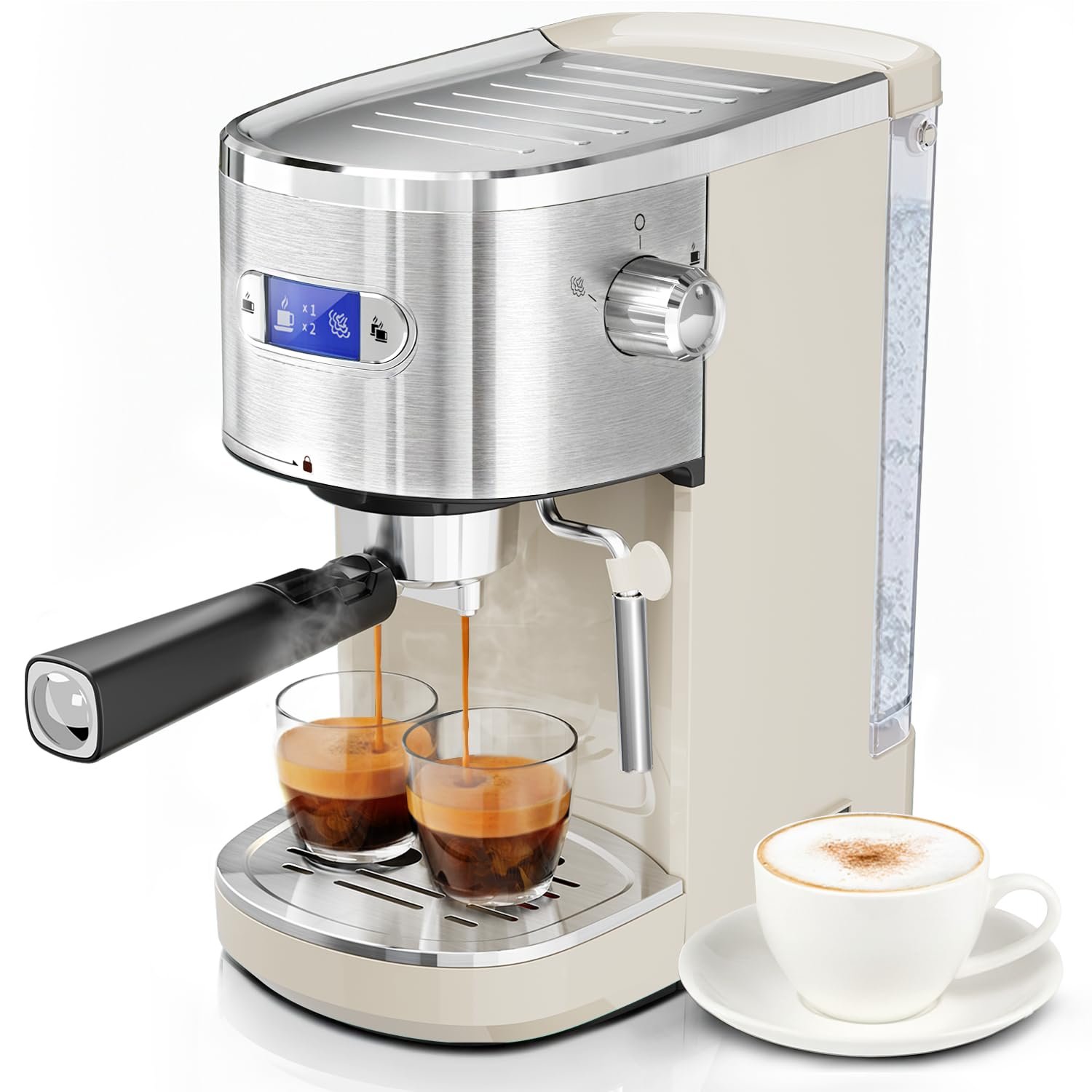 20 Bar Espresso Machine Semi-Automatic, Professional Coffee Maker with Milk Frother Steam Wand & 45OZ Removable Water Tank, Home Barista System for Cappuccino, Latte, Americano-Stainless Steel-White