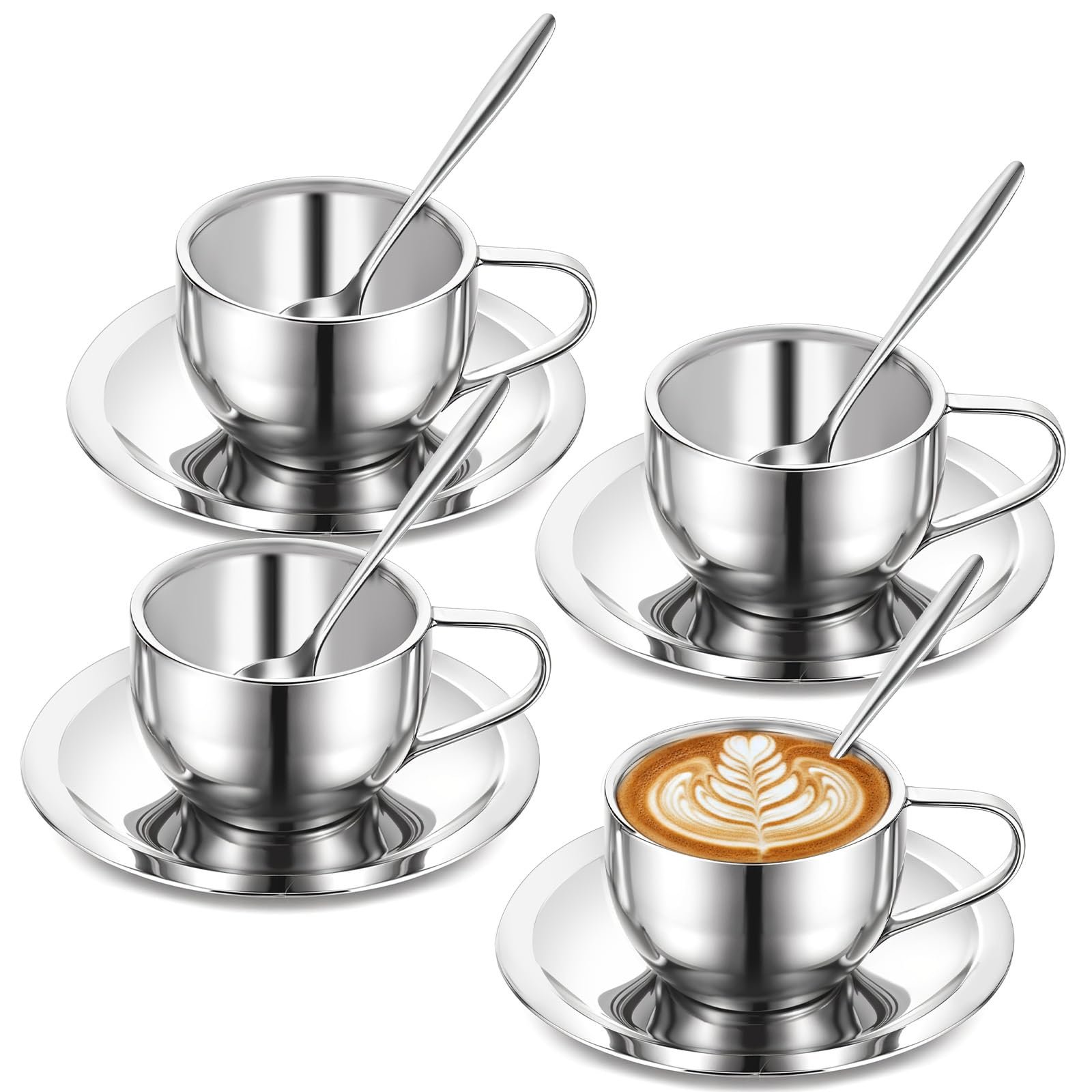 4 Pack Stainless Steel Coffee Cup Set, 6oz Insulated Espresso Cups with Spoon and Saucer, Stainless Steel Double Walled Coffee Mugs for Latte, Cappuccino, Tea, Milk