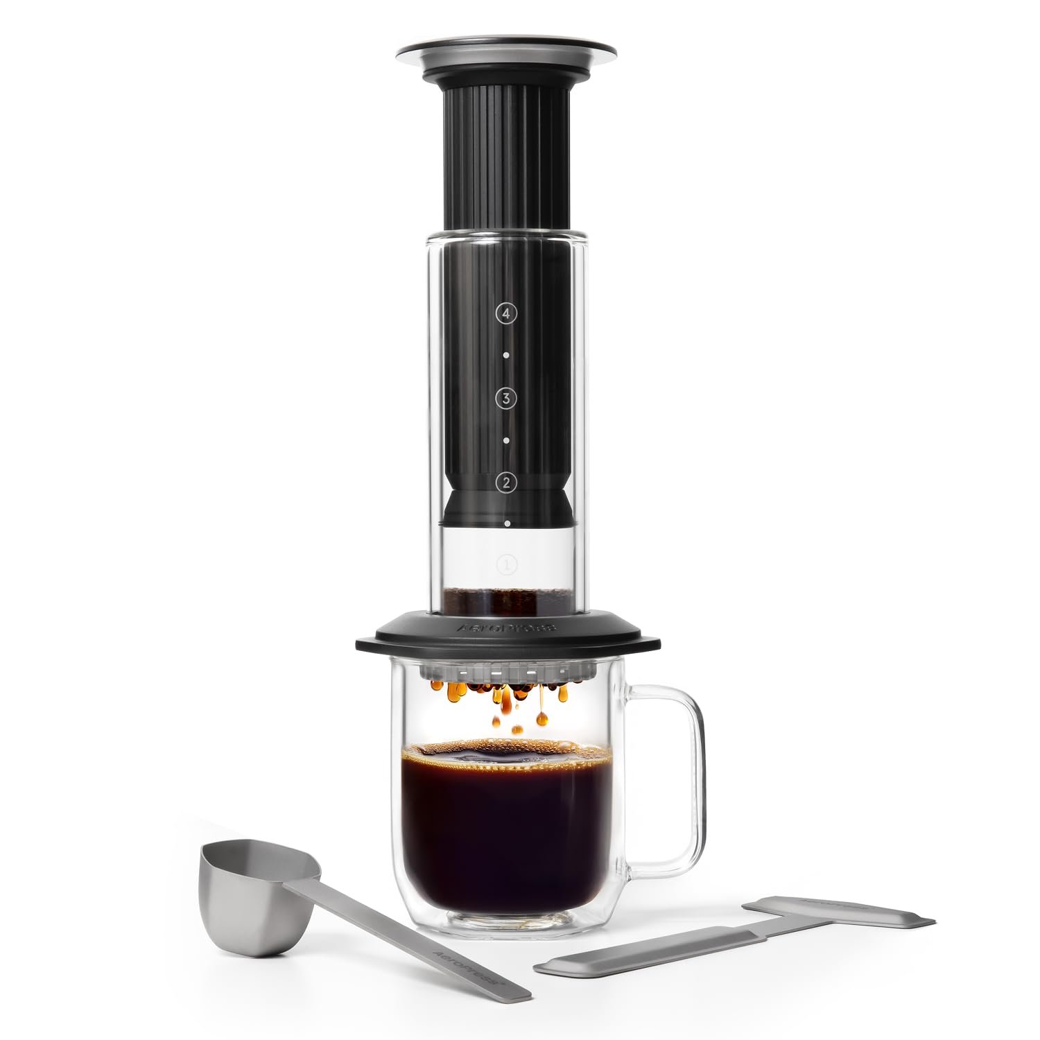 AeroPress Premium Coffee Press, Glass, Stainless Steel & Aluminum Coffee Maker, all-in-One French Press, Pour-Over & Espresso-Style manual brewer, 2 min brew for less bitterness, more flavor (Black)