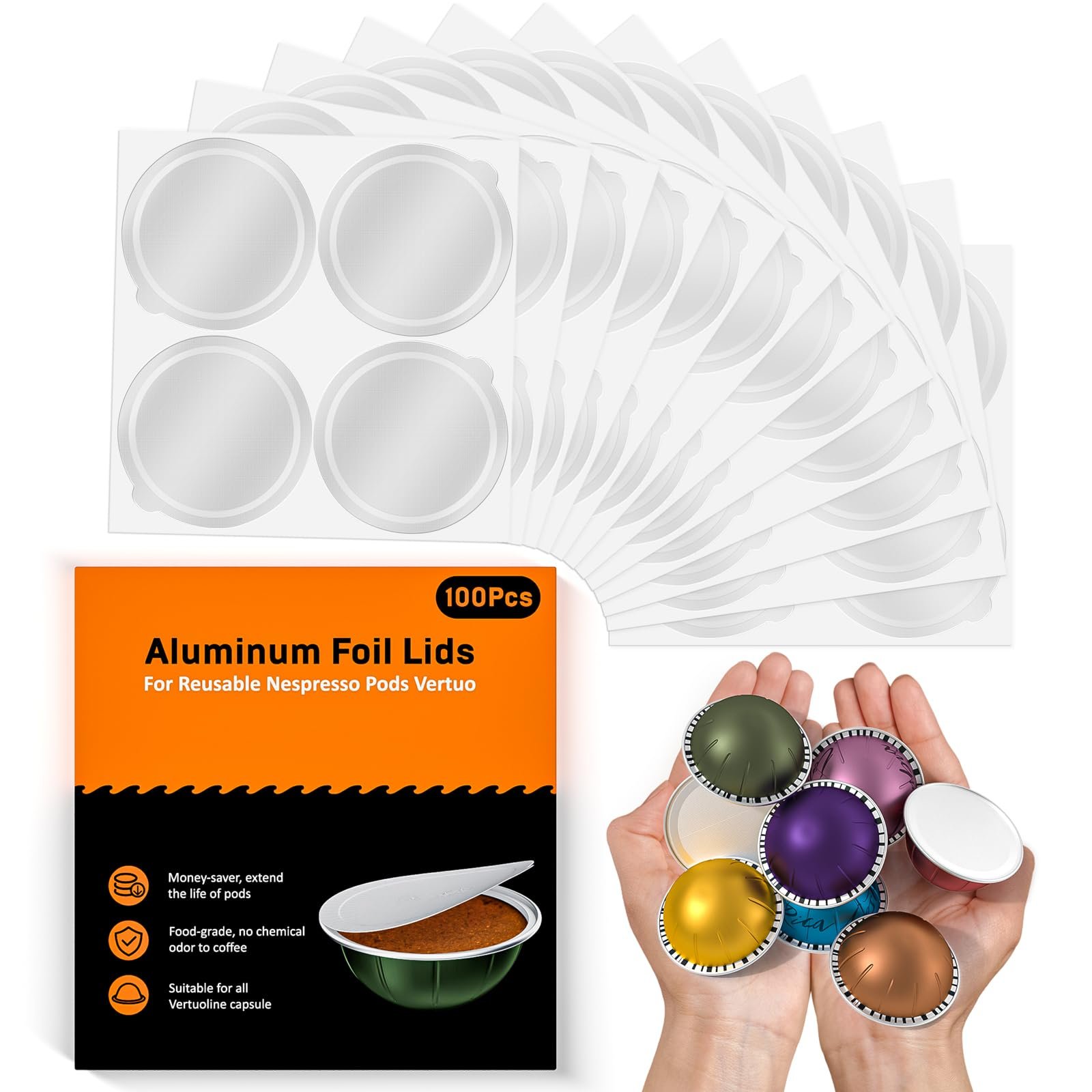 Aluminum Foil Lids for Reusable Nespresso Vertuo Pods, 100 PCS Reusable Foil Seal Cover for Refill Espresso Coffee Capsule, Compatible with Nespresso Vertuo Machine