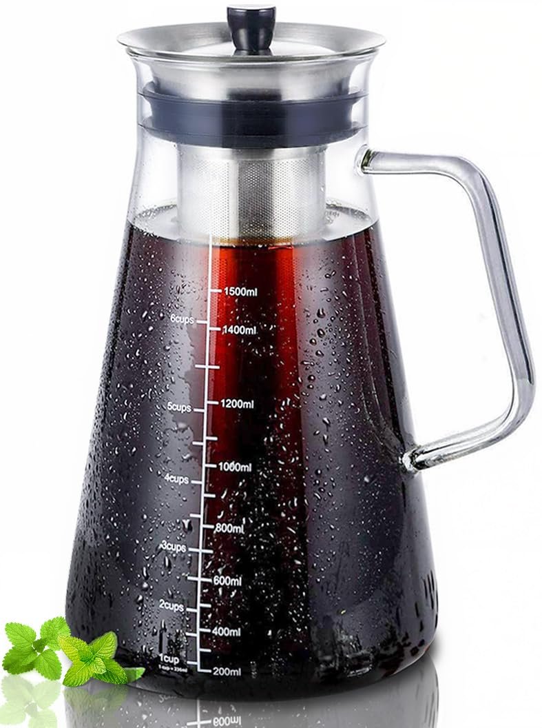 Aquach Airtight Cold Brew Coffee (Iced Tea) Maker 51oz/1.5L, BPA-Free, Durable Borosilicate Glass Pitcher and Stainless Steel Fine-Mesh Filter, Dishwasher Safe, Spill-proof, 6 Cups Capacity