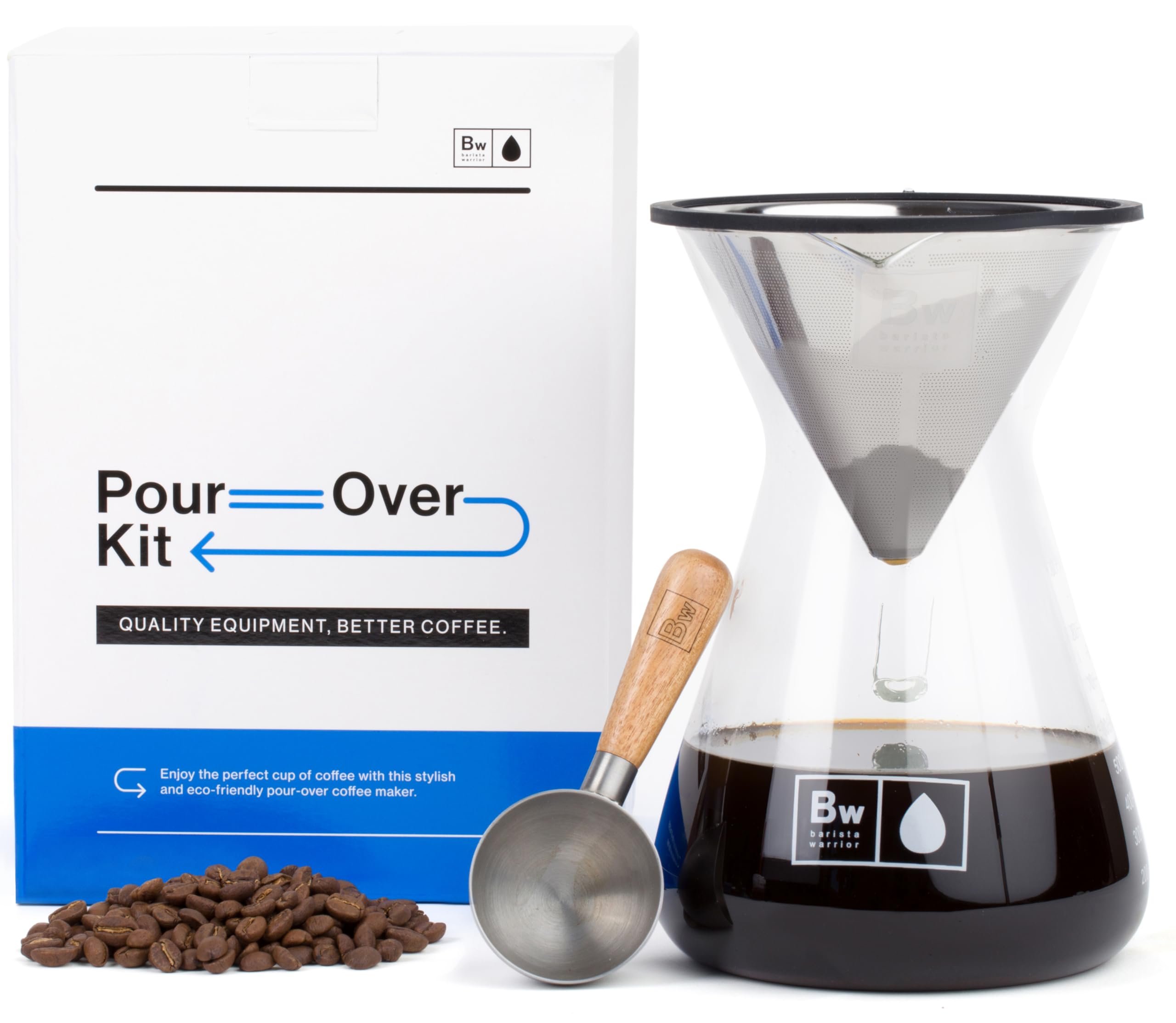 Barista Warrior Pour Over Coffee Maker with Glass Carafe and Reusable Stainless Steel Dripper – Complete Pour Over Coffee Kit with Acacia Wood Scoop for Rich, Flavorful Drip Brewing at Home