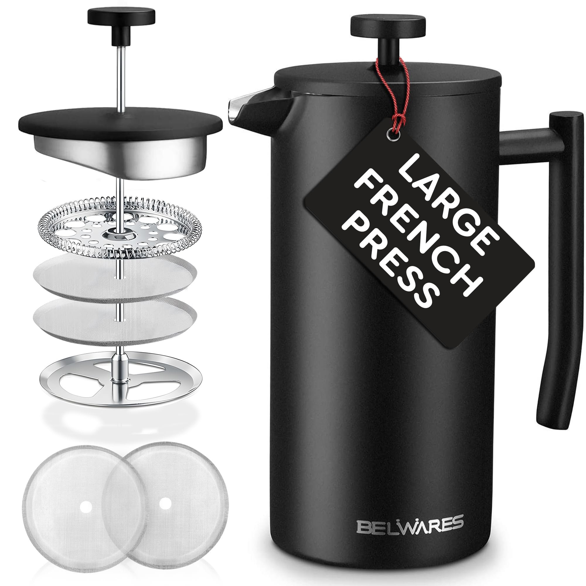 Belwares French Press Coffee Maker - Large 50oz 6-Cup, 304 Stainless Steel Coffee Press, Double Wall Insulated Heat Retention, 4-Level Filtration for Smooth Ground-Free Coffee, 2 Extra Filters, Black