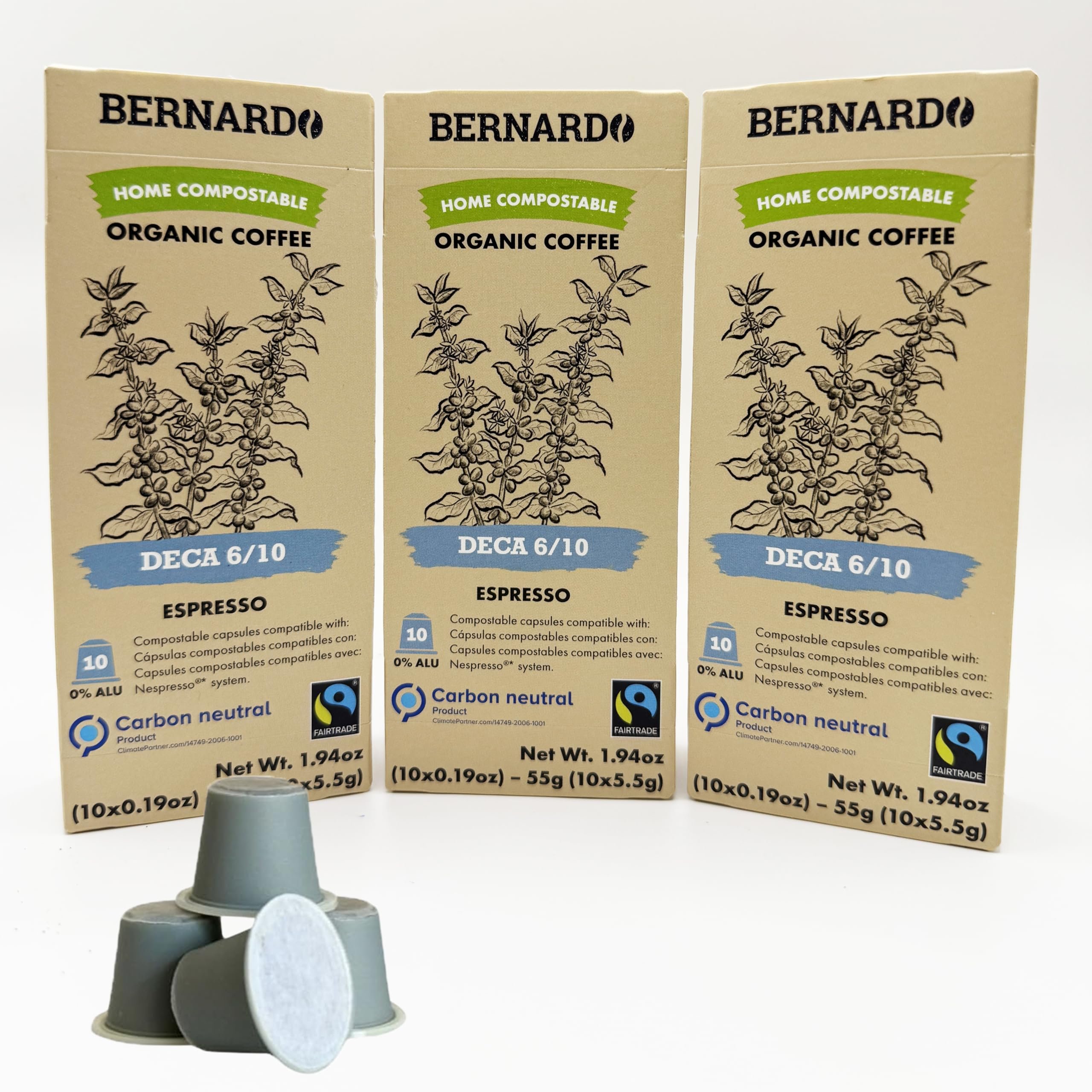 Bernardo Deka/Decaffeinated USDA Organic Espresso Capsules Compatible with Nespresso Original Line, Biodegradable and Home Compostable Pods. (3 Pack, 30 capsules)