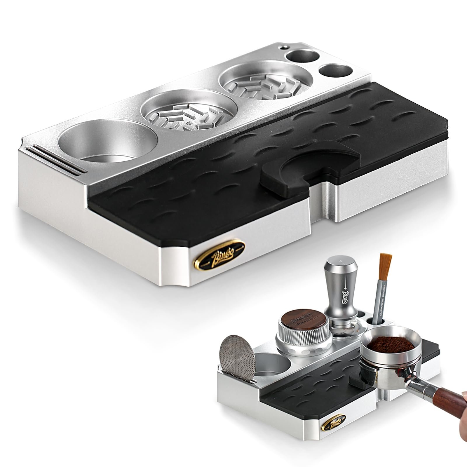 Bincoo Espresso Tamping Station - Lightweight Organizer with Removable Mat, Fits 58/54/53/51mm Portafilters, Tmaper, Non-Slip Base, Compact Coffee Bar Space Saver
