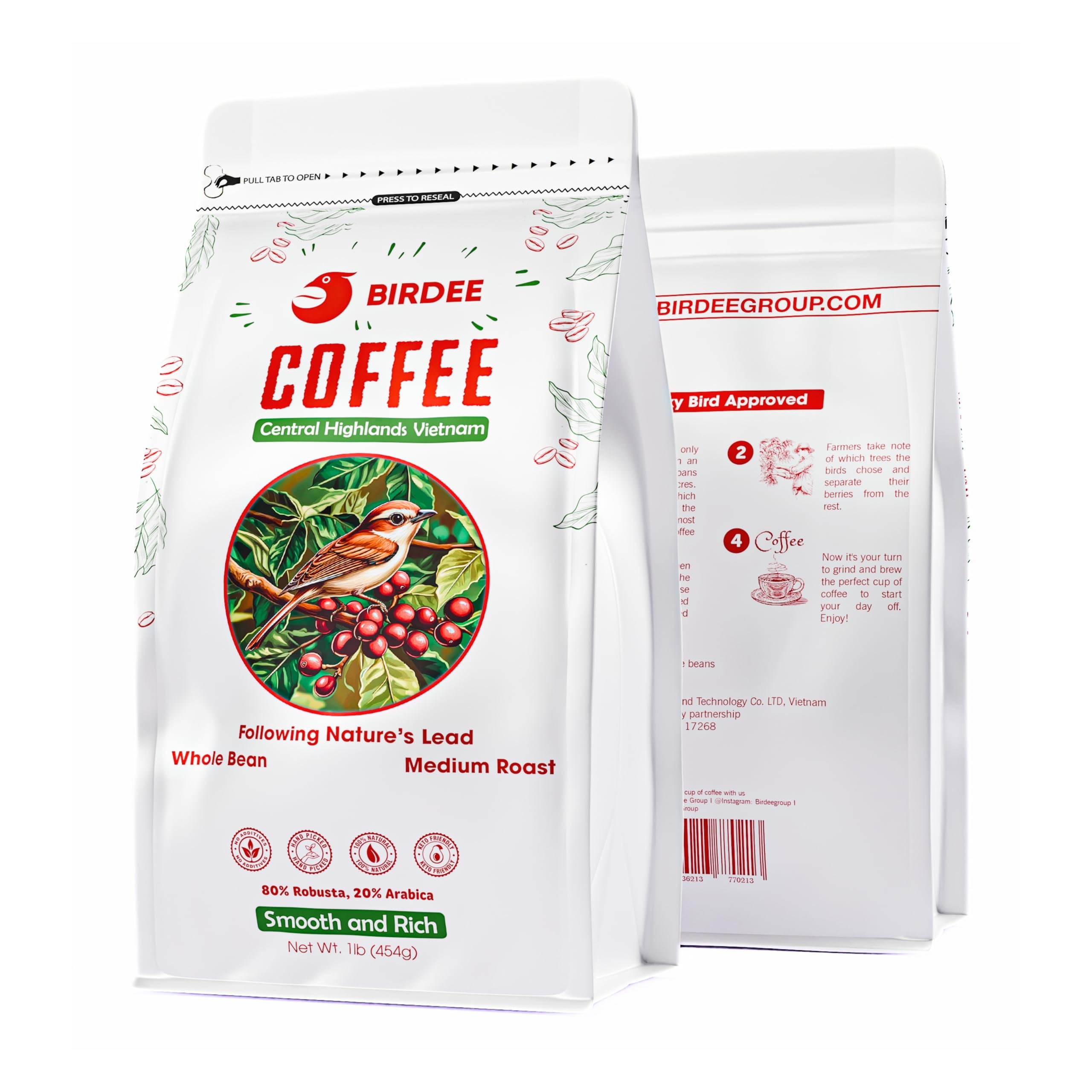 Birdee Vietnamese Coffee – 8oz, Medium Roast Whole Bean, Arabica and Robusta, Hand-Picked, Resealable Bag, Smooth Flavor, Low Acid, High Caffeine, Single-Origin