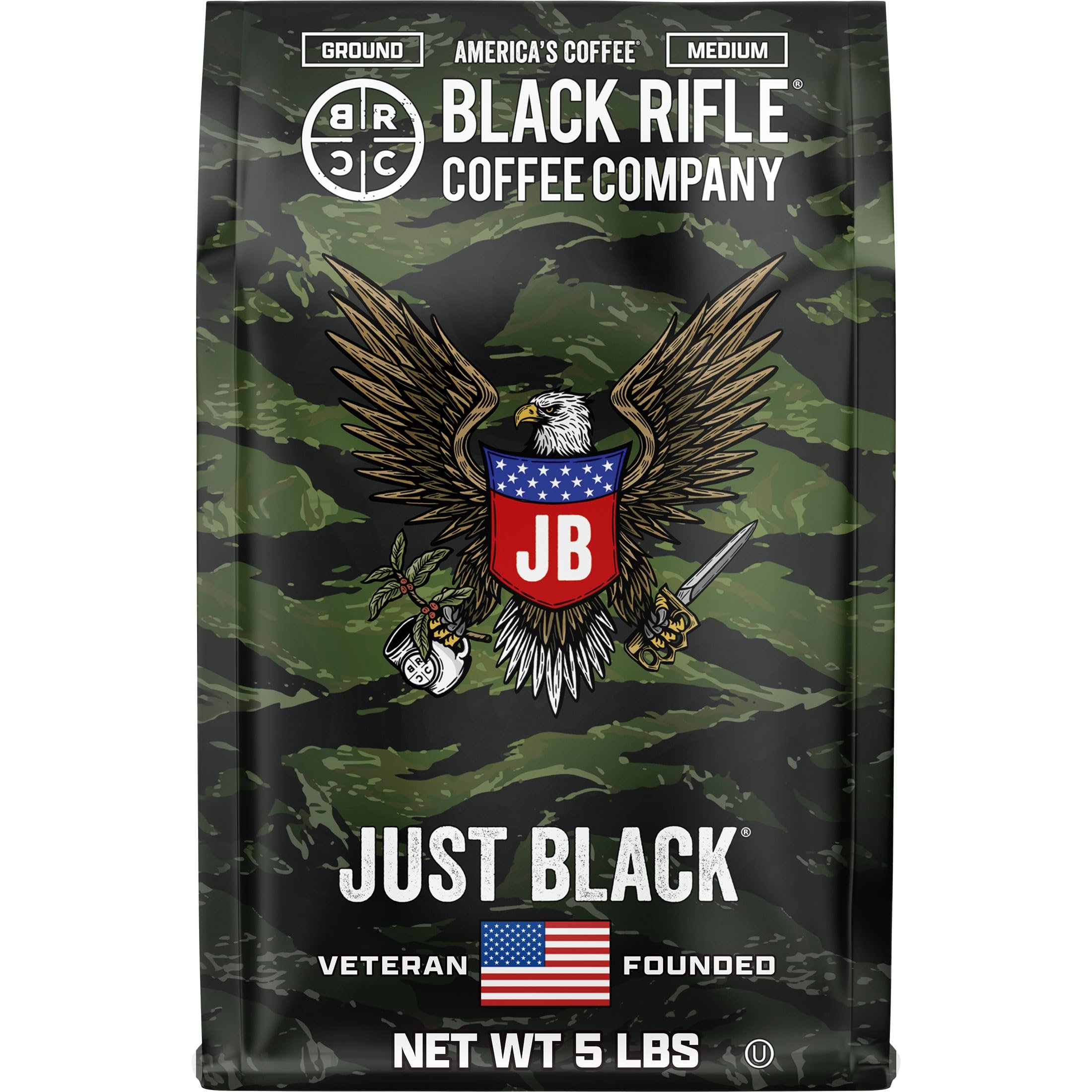 Black Rifle Coffee Company Just Black, 5 lb Bag, Ground Coffee Medium Roast - Roasted Blend Made from Arabica Beans - Colombian & Brazilian Beans - Veteran Founded & American Made