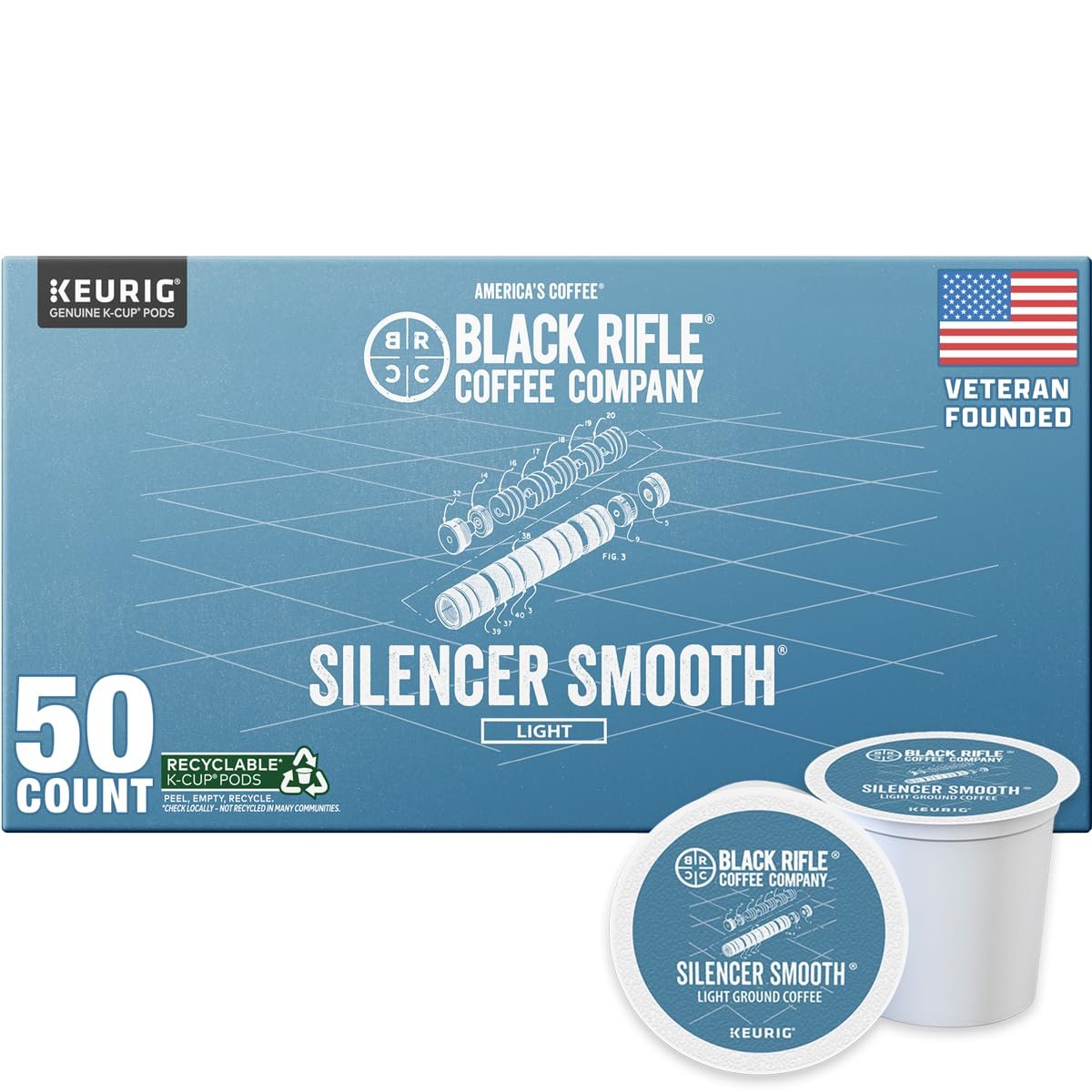 Black Rifle Coffee Company Silencer Smooth, 50 Count, Light Roast K Cups - Single Serve K Cups Coffee Pods - Kcup Pods Compatible with Keurig 1.0 & 2.0 - Made from Arabica Beans