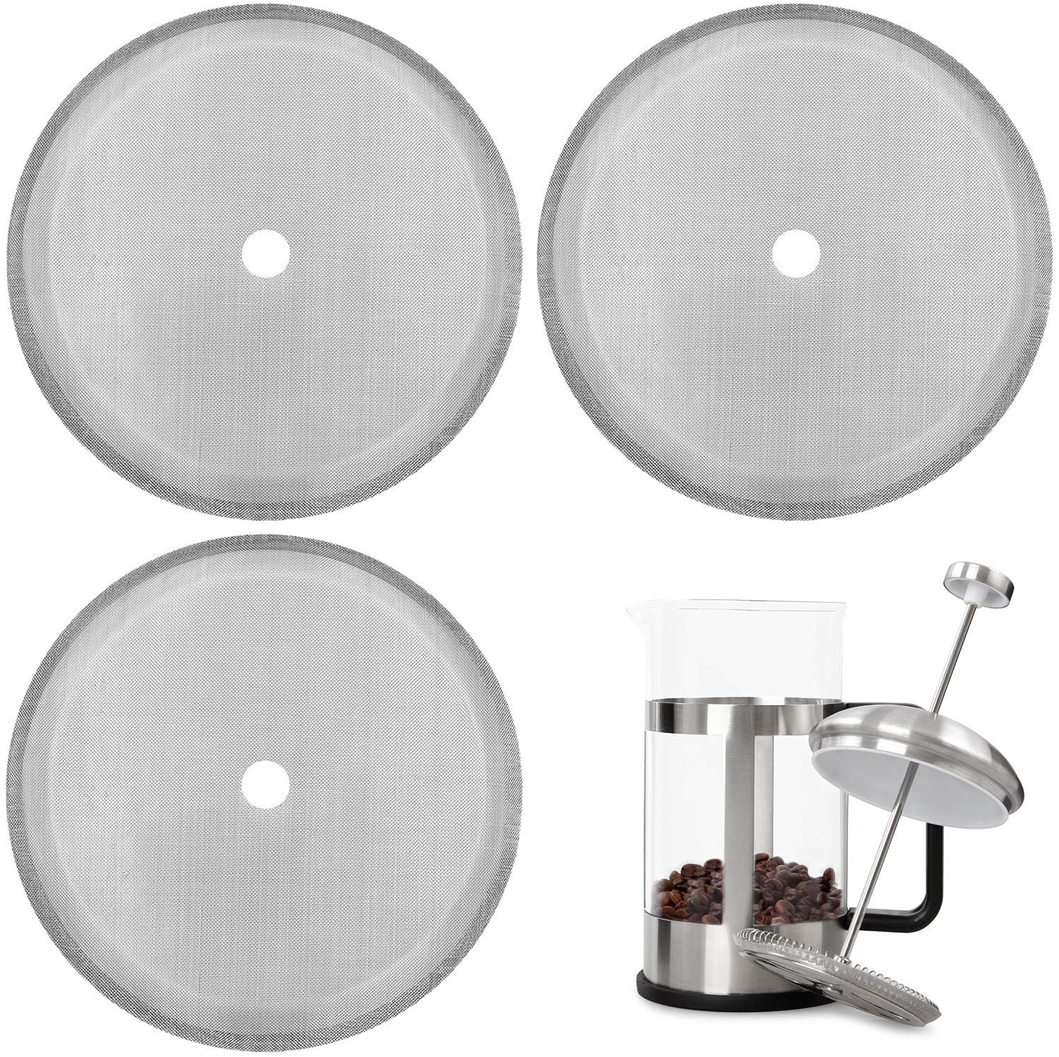 Boao 3 Packs French Press Replacement Cafetiere Filter Mesh Screen Coffee French Press Filters, 4 Inch Stainless Steel Reusable, for 8 Cup/ 34 OZ/ 1000 ml Coffee Tea Makers