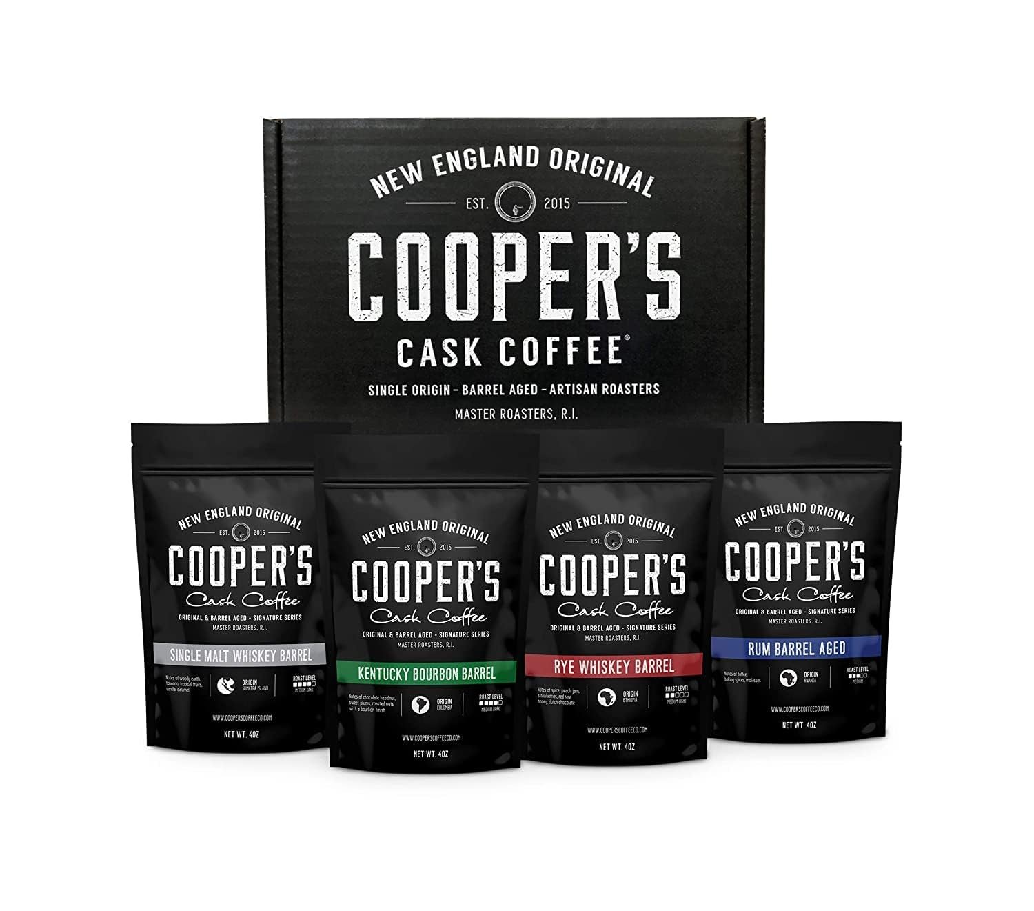Bourbon & Whiskey Barrel Aged Coffee Box Set with Four Whole Bean Single Origin Coffees (Colombia, Sumatra, Ethiopia, Rwanda) Premium Small-Batch Gourmet Roasted Coffee Gift (Pack or 4)