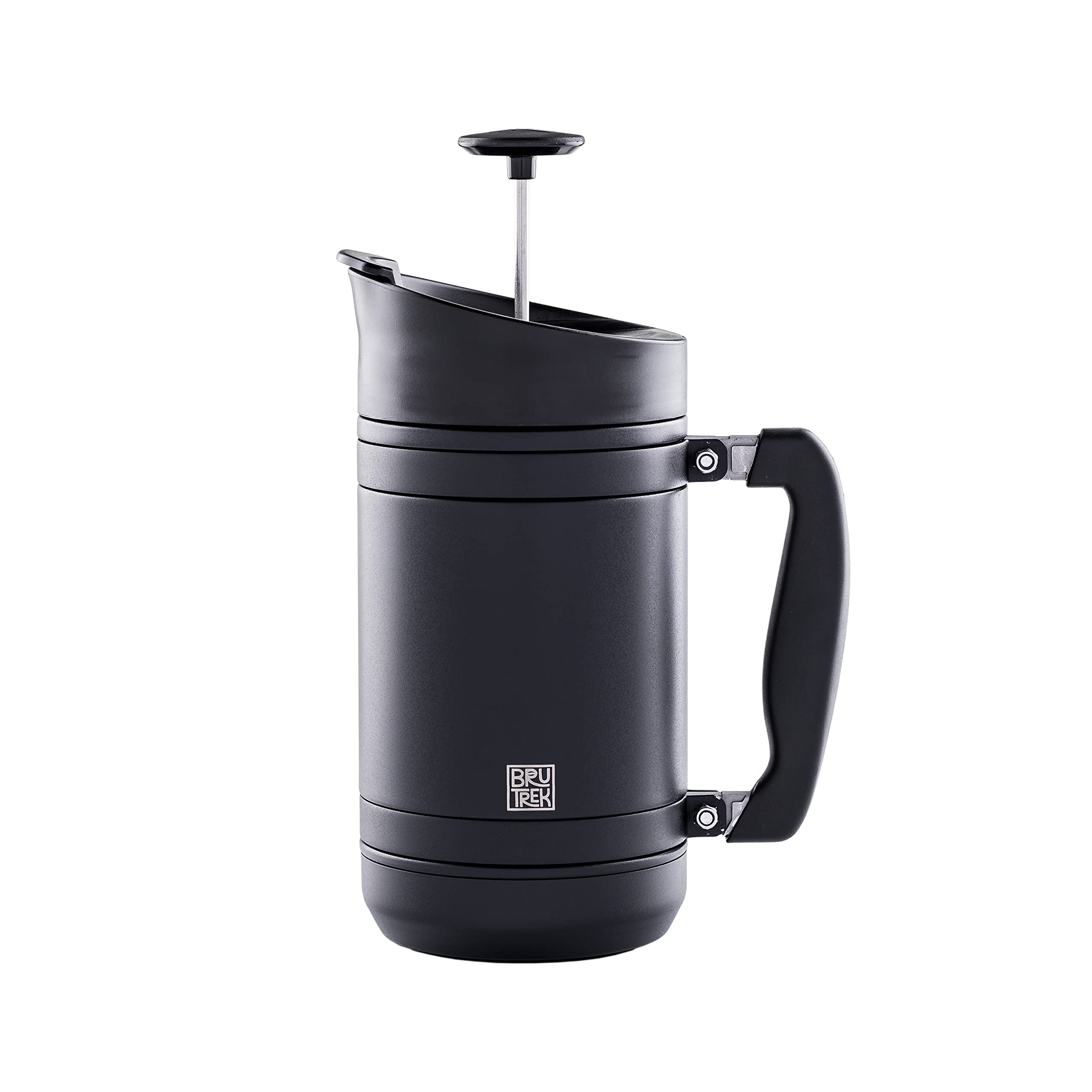 BruTrek by Planetary Design BaseCamp Coffee Press - Double Wall Insulated Stainless Steel - Bru-Stop Technology, No Grounds in Coffee, No Spill Lid (Obsidian, 32 fl.oz)