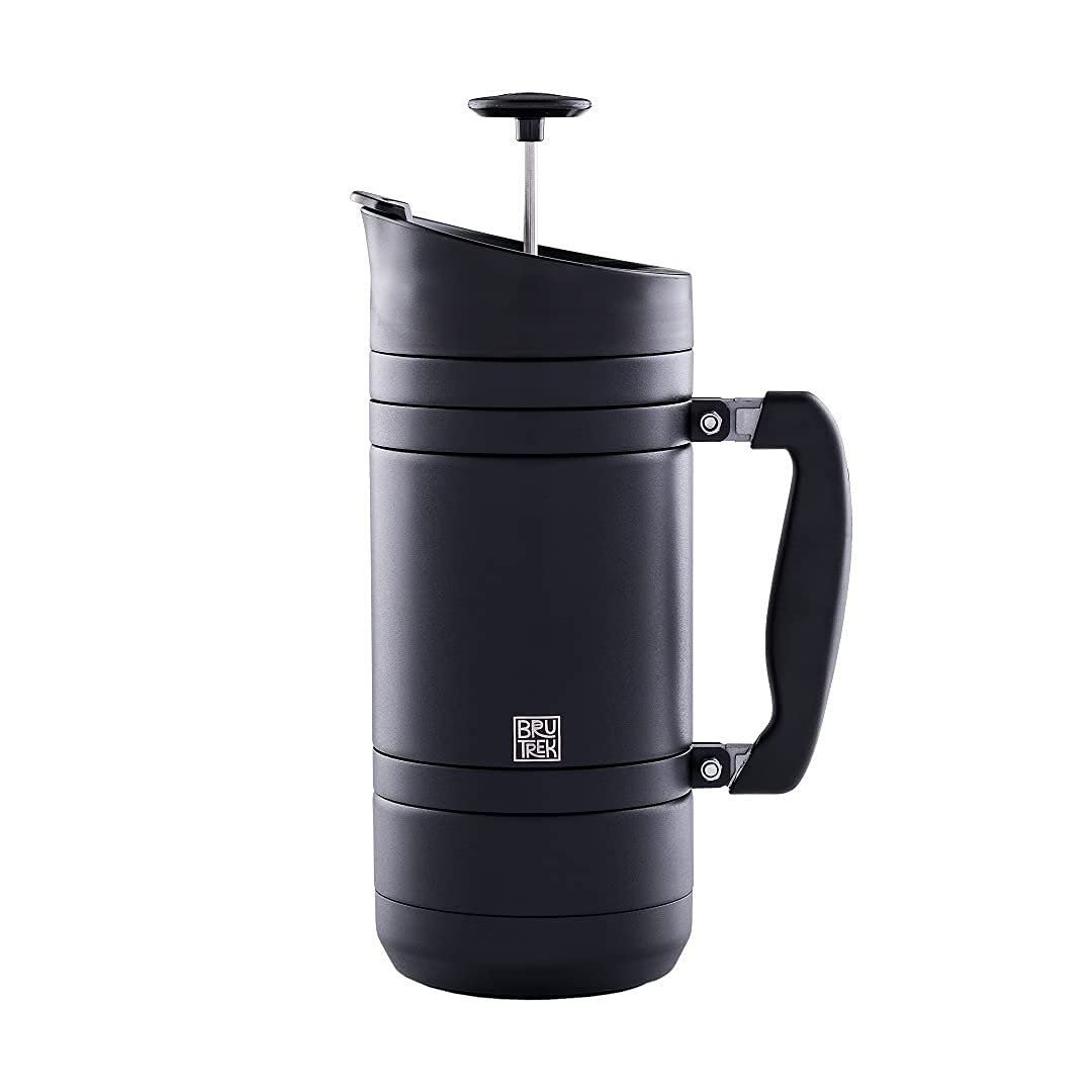 BruTrek by Planetary Design BaseCamp Coffee Press - Double Wall Insulated Stainless Steel - Bru-Stop Technology, No Grounds in Coffee, No Spill Lid (Obsidian, 48 fl.oz)