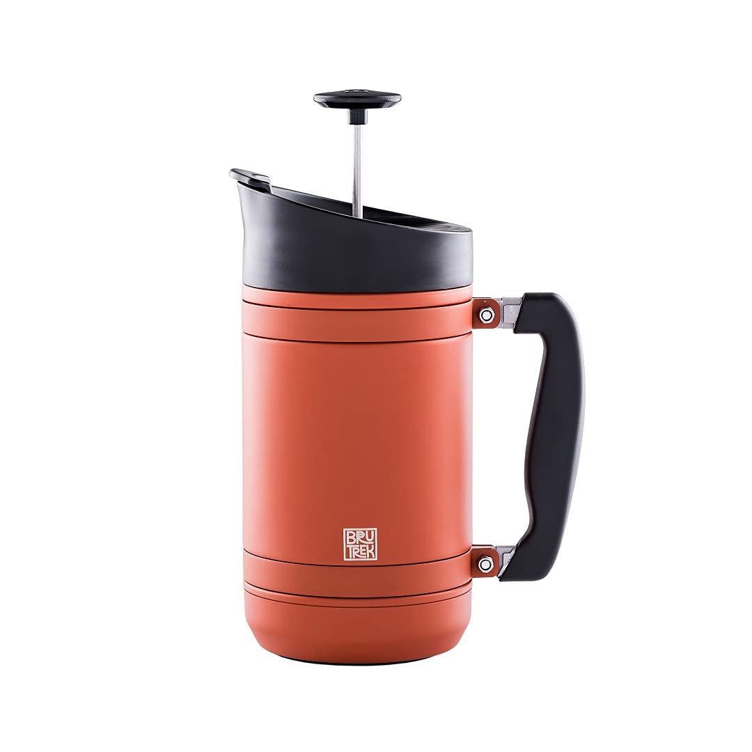 BruTrek by Planetary Design BaseCamp Coffee Press - Double Wall Insulated Stainless Steel - Bru-Stop Technology, No Grounds in Coffee, No Spill Lid (Red Rock, 32 fl.oz)