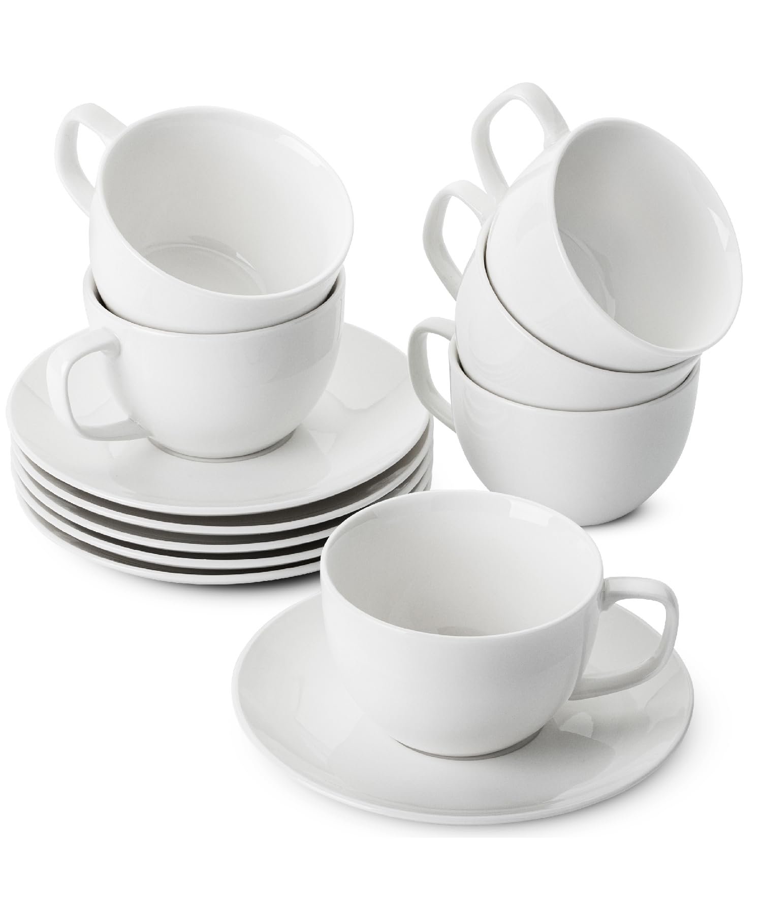 BTaT- Cappuccino Cups with Saucers 6 oz, Set of 6, White Porcelain Coffee Cup and Saucer Set for Latte, Mocha, Tea, Au Lait, Flat White, Dishwasher, Microwave, Freezer and Oven Safe, Mothers Day Gift