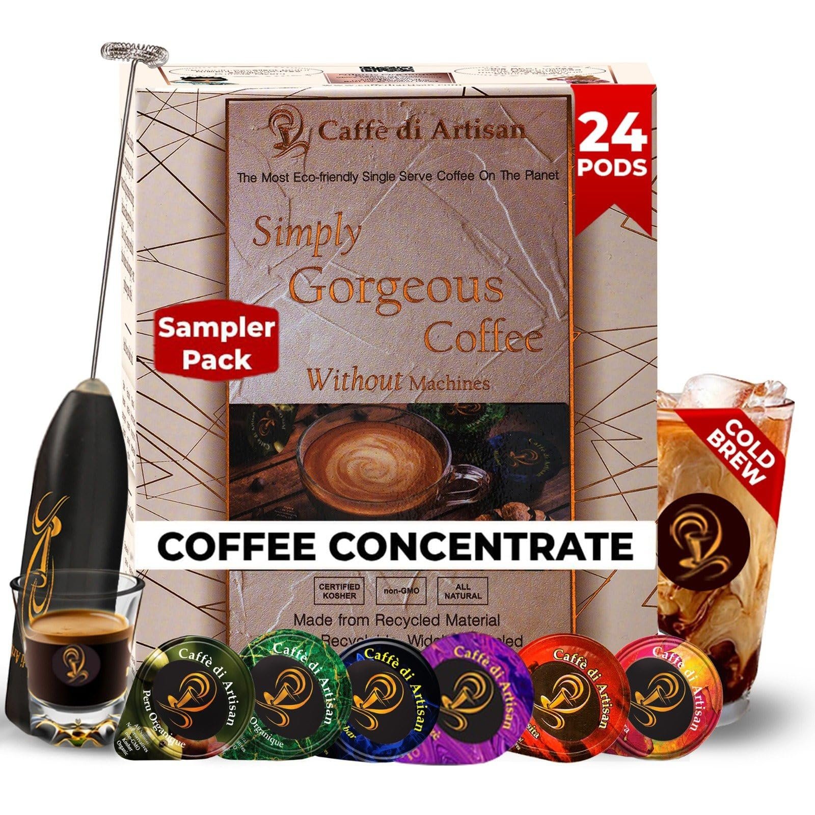Caffè di Artisan Liquid Coffee Pods – Premium Single-Serve Coffee for Cold Brew concentrate, Iced Coffee & Hot Coffees – Machine-Free, Eco-Friendly, Ready in Seconds. Rich; Sampler; Arabica; Medium to Medium Dark Roast – 24 Count