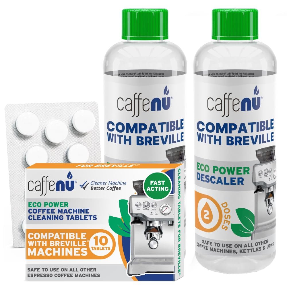 Caffenu Descaling Solution for Breville Machines | 2 Bottles - 4 Uses, 10 Tablets | Descaler Removes Limescale, Coffee Machine Tablets Clean Internal Parts | Improve Coffee Taste and Temperature
