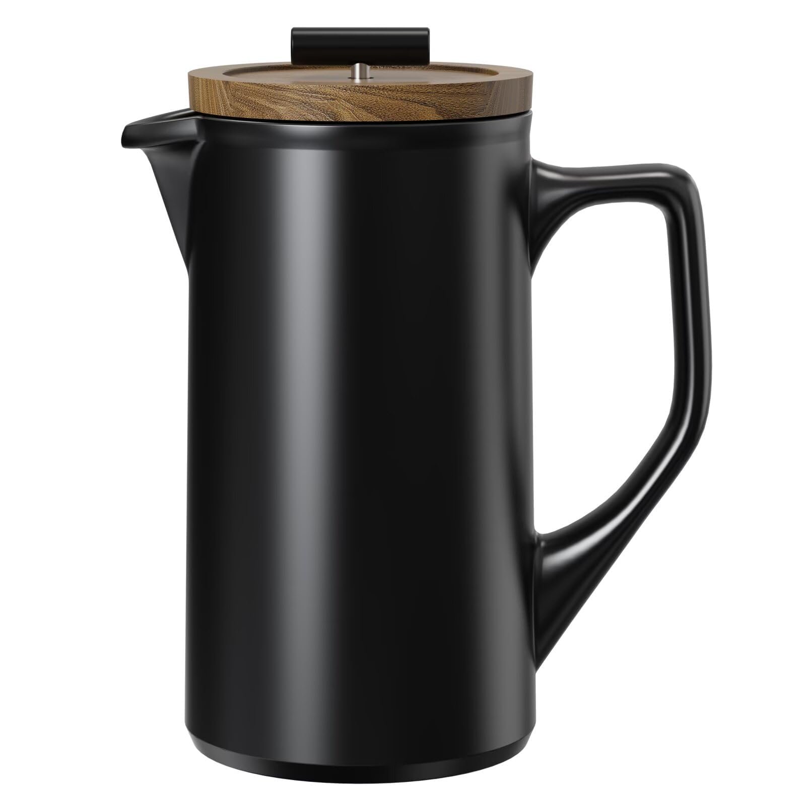 Ceramic French Press Coffee Maker, 22oz Single Serve Coffee Press with Walnut Wood Lid, Lead-Free, Food Grade Stainless Steel Filter with Dual Screen for Coffee and Loose Tea, Black