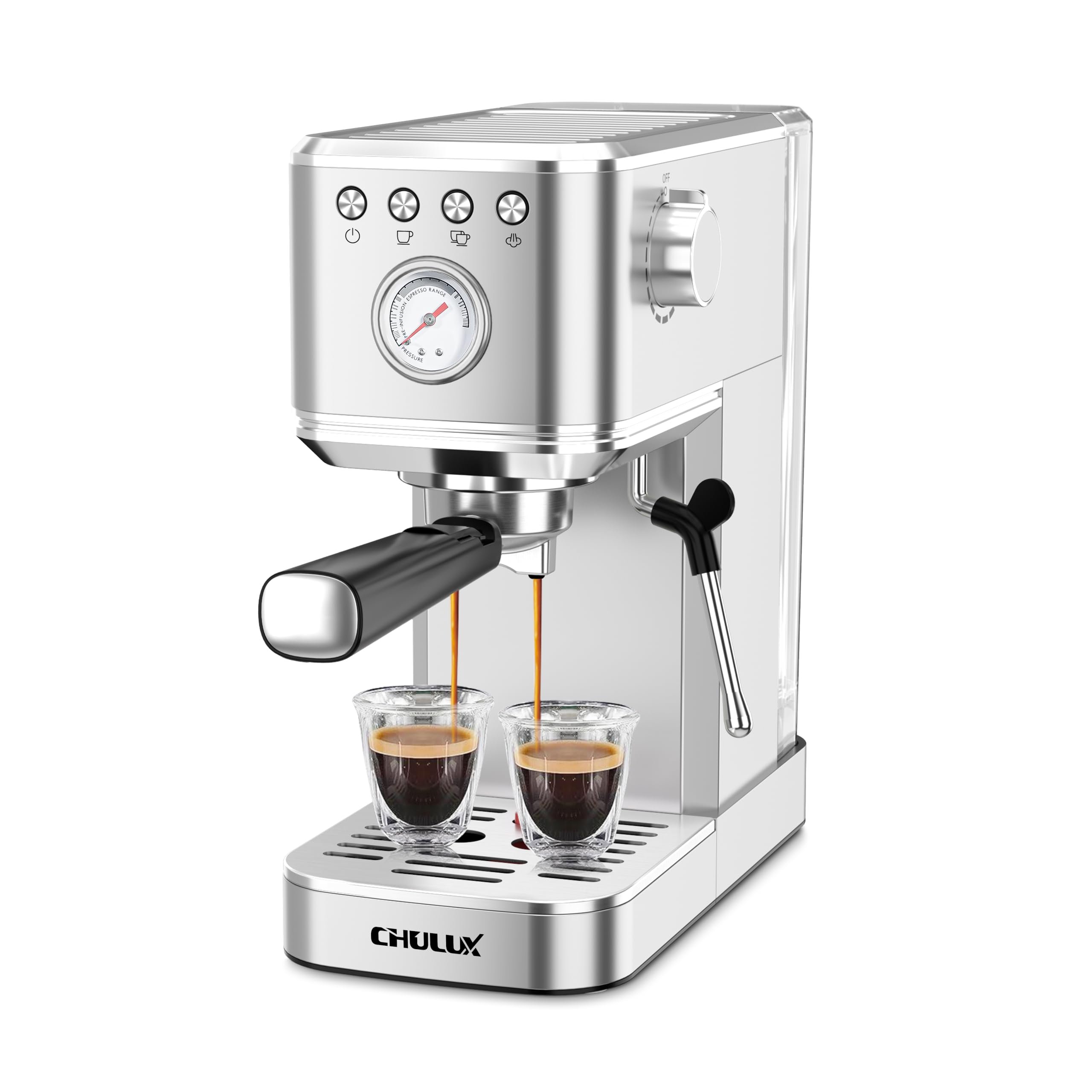 CHULUX Slim Espresso Machine with Milk Frother, 20 Bar Professional Italian Pump Espresso Coffee Machine for Home Cappuccino & Latte Maker, Stainless Steel, Silver