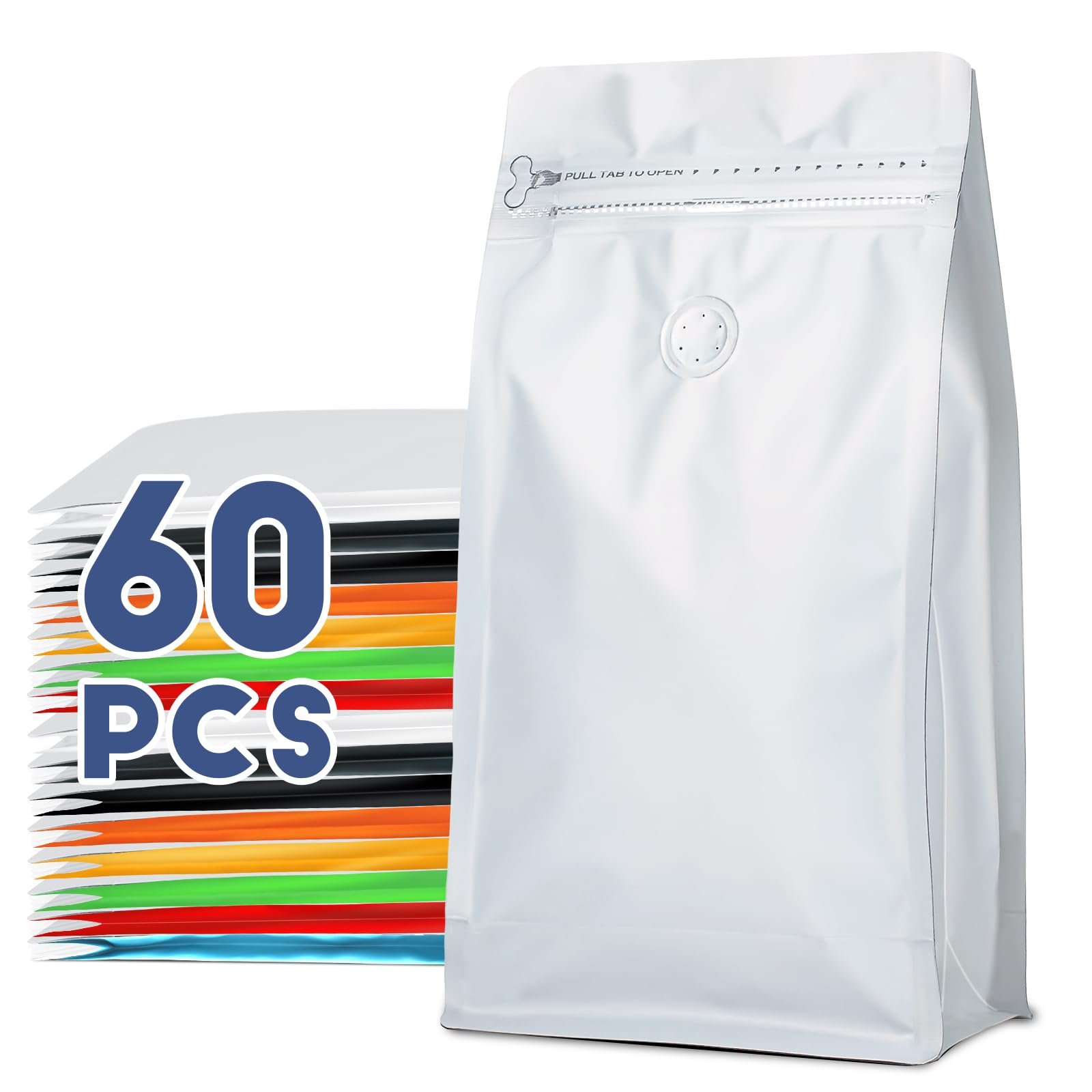 Coffee Bags with Valve(60pcs,4 oz,0.25 lb) Vented Coffee Beans Packaging Bags High Barrier Aluminumed Foil Flat Bottom Heat Sealed Side Zipper Resealable Storage Bag for Home or Business（White）