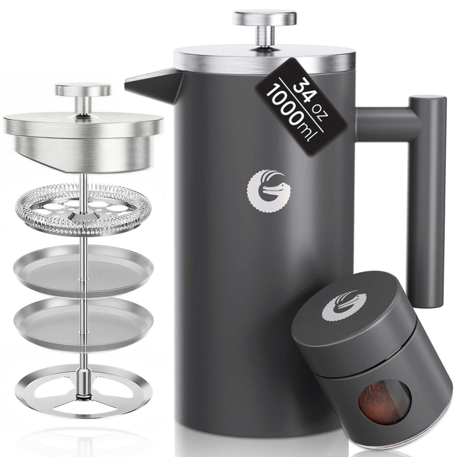 Coffee Gator 304 Grade Stainless Steel French Press Coffee Maker 34 oz, Double Wall Insulated Hot Cold Brew Teapot with 4-Level Filtration System, Include Travel Jar Canister, Kitchen, Gray