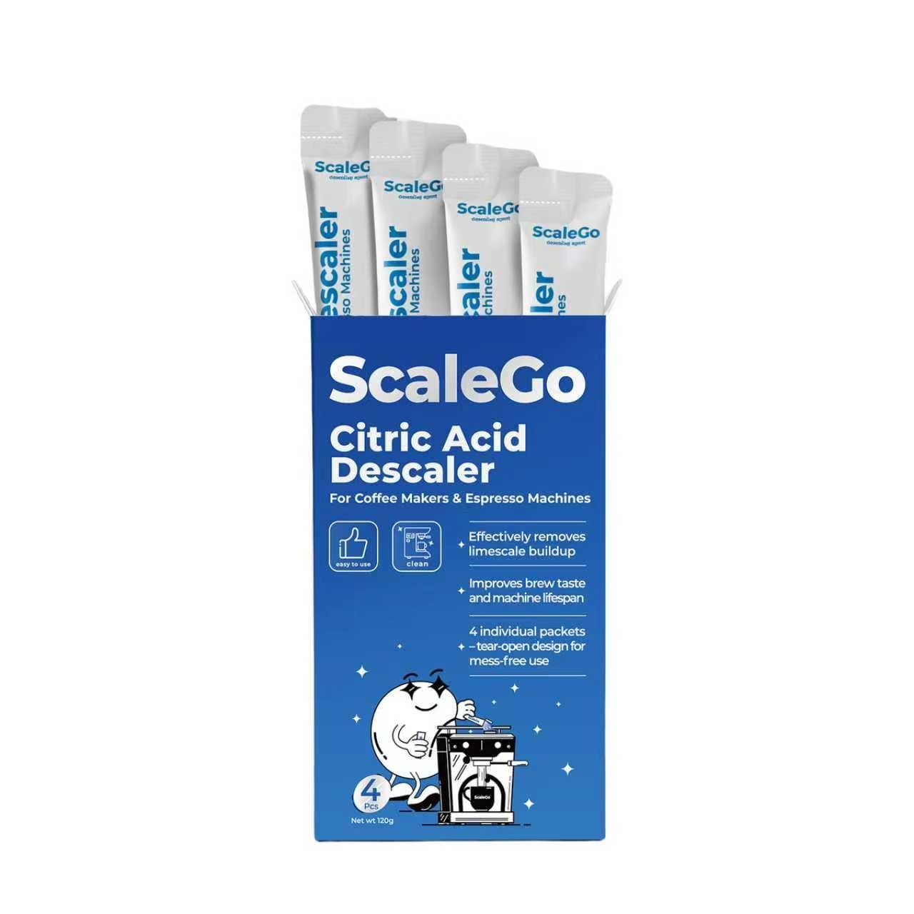 Coffee Machine Cleaner & Descaler | Citric Acid Descaling Powder | Pre-measured Package for Mess-Free Use & Storage | Removes Limescale | Compatible with Keurig, Nespresso, Breville | 4 Uses