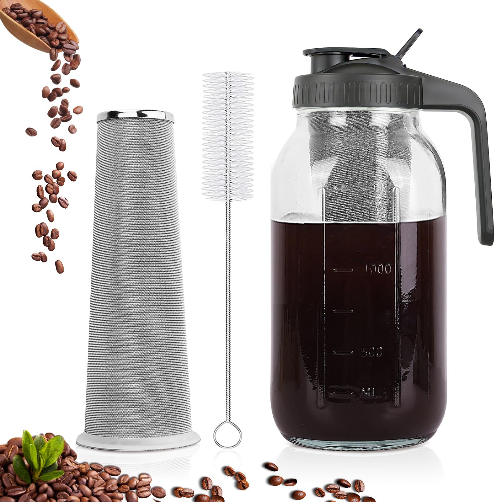 Cold Brew Coffee Maker,64 oz Mason Jar Pitcher with Stainless Steel Filter, Pour Spout Handle Lid, Heavy Duty Glass Airtight & Leak-Proof for Iced Coffee,Tea & Lemonade
