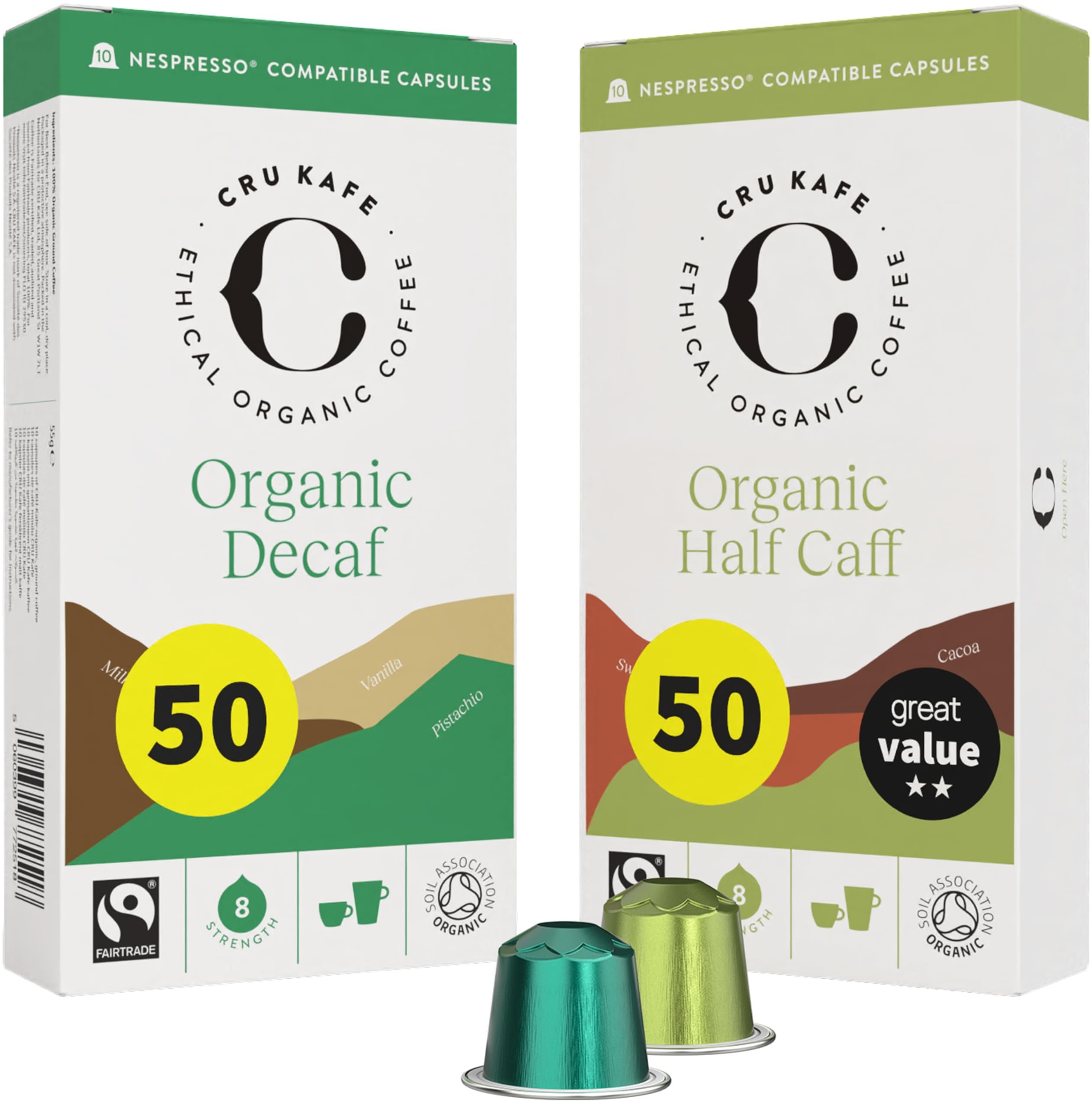 CRU Kafe UDSA Organic Coffee Pod Decaf and Half Caff Variety Pack (100 Capsules) Fairtrade Coffee Pods Compatible with Nespresso Original Line