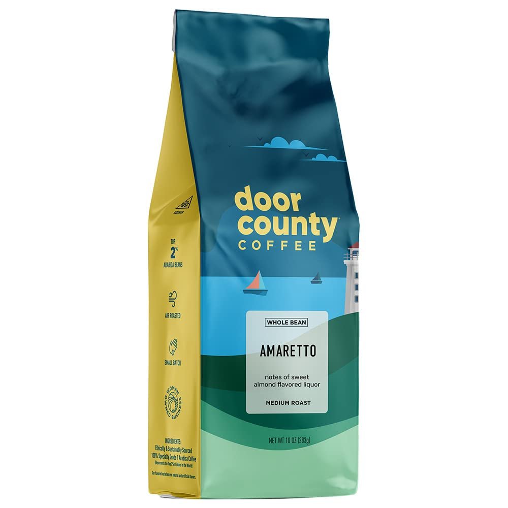 Door County Coffee Amaretto Flavored Whole Bean - 10 oz Bag - Flavored Whole Bean Medium Roast - 100% Specialty Arabica - Flavored Gourmet - Amaretto