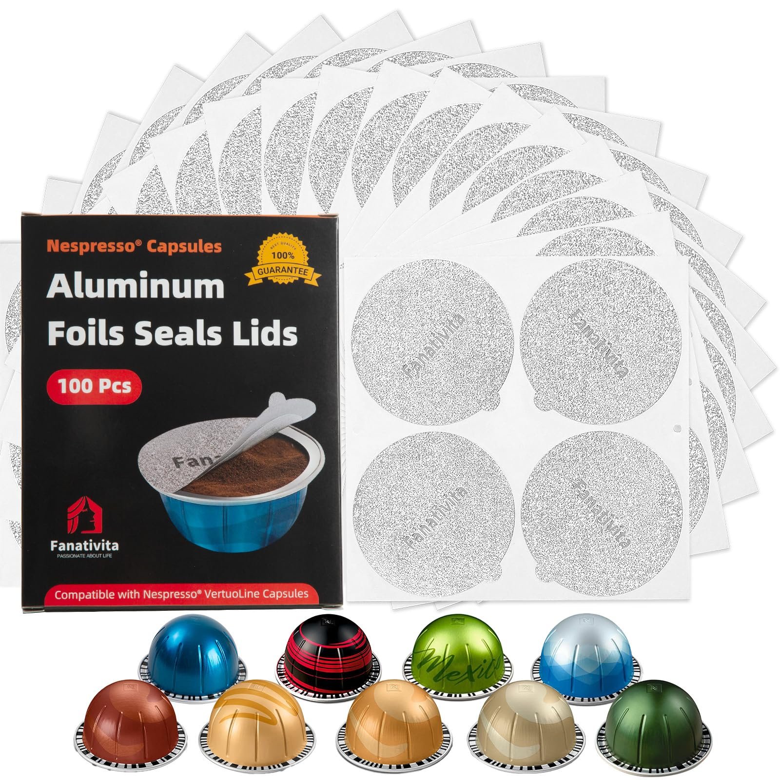 Fanativita Universal Aluminum Foil Seal Lids for Nespresso Pods Vertuo, Compatible with Nespresso Vertuo Reusable Pods, 100Pcs Coffee Pods Covers (62mm)