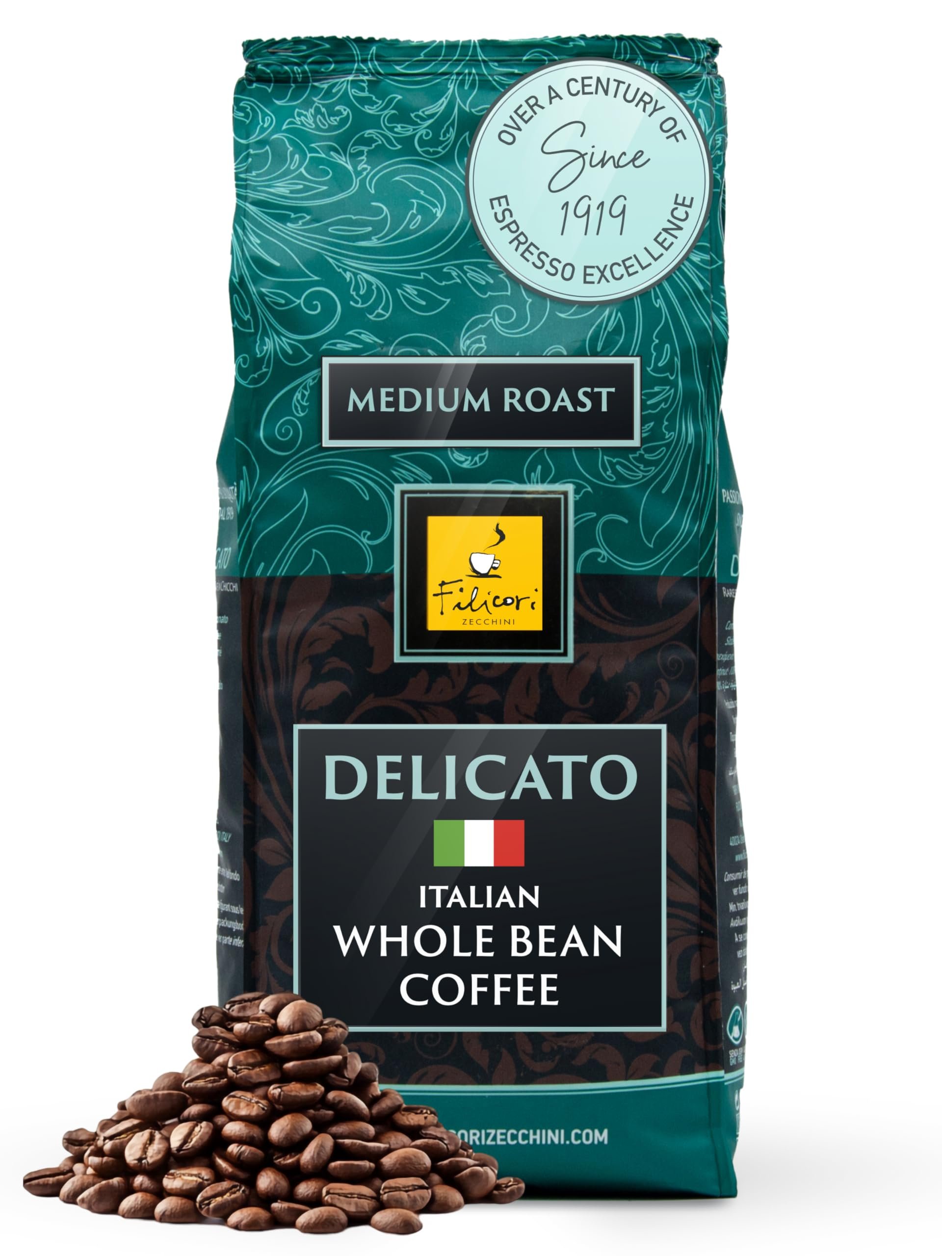 Filicori Zecchini Italian Espresso Beans – Medium Roast Arabica & Robusta Blend Italian Coffee Beans – Low Acidity, Slow Roasted Whole Bean Coffee, Rich Flavors – Delicato 340g