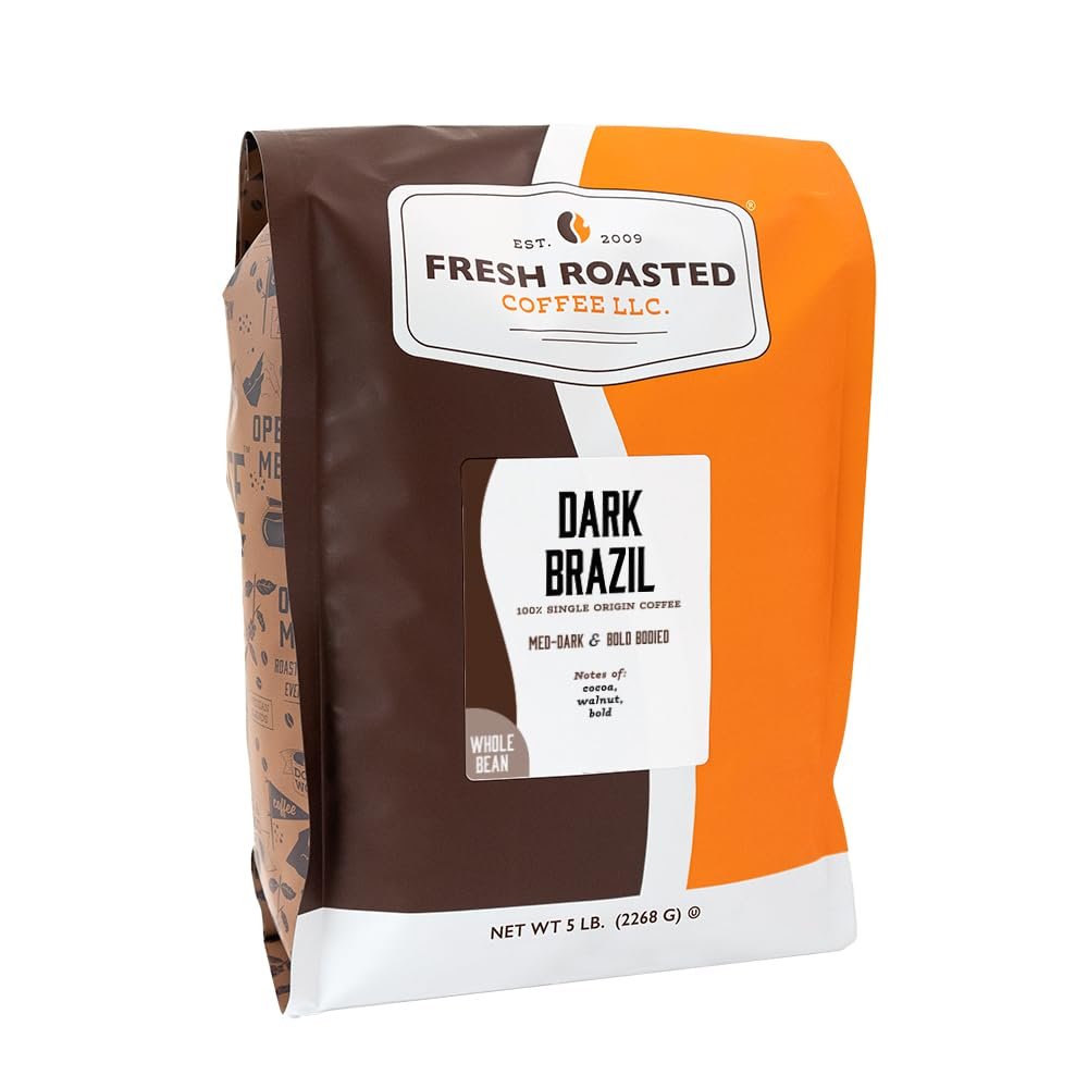 Fresh Roasted Coffee Dark Brazil, 5 lb (80 oz), Med-Dark Roast, Whole Bean, Kosher