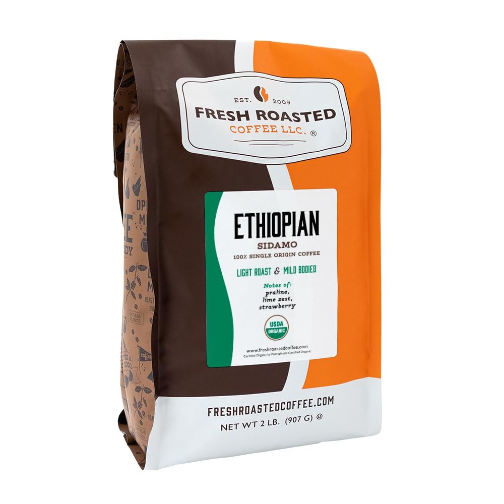 Fresh Roasted Coffee, Organic Ethiopian Natural Whole Bean Coffee, Light Roast, USDA Organic, 100% Single Origin