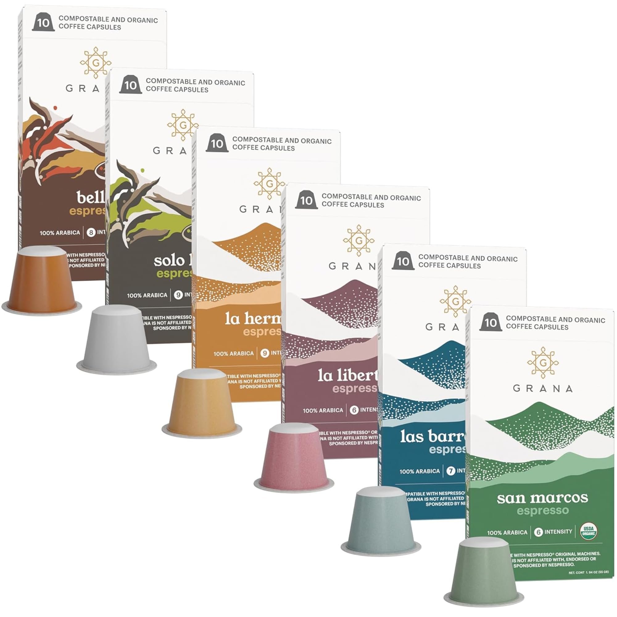 G GRANA Coffee Pods, Compatible with Nespresso OriginalLine, 60 Count, Medium and Dark Roast Espresso, USDA Organic 100% Arabica Single Source Specialty Coffee, Compostable Capsules, Variety Pack