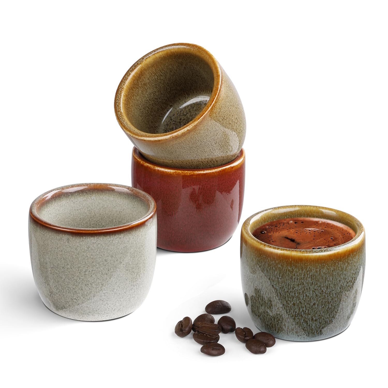 Ceramic Espresso Cups Set of 4, Double Walled 2oz Espresso Coffee Mugs for Espresso, Special Glazed Demitasse Cups