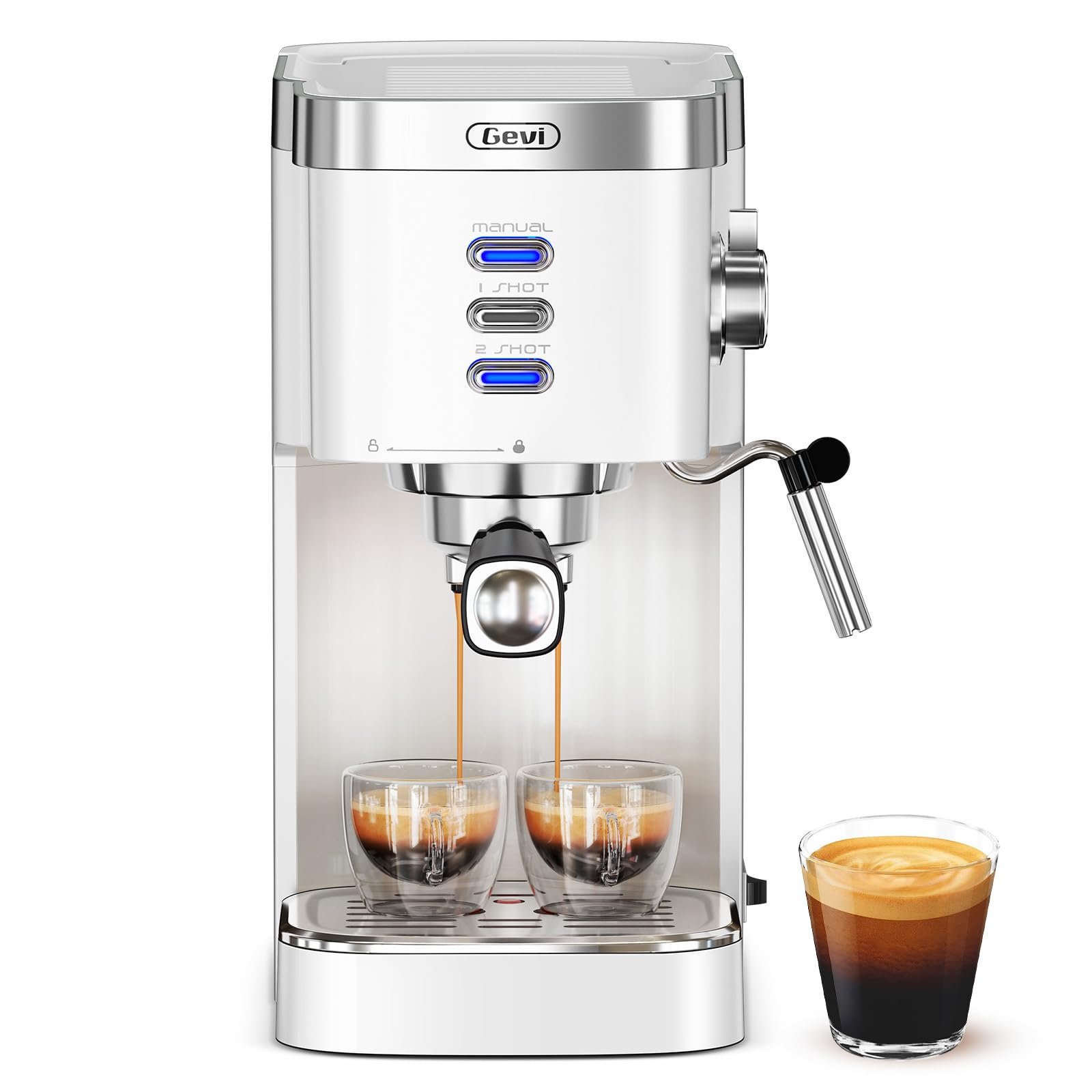 Gevi Professional Espresso Machine 20 Bar, Compact Latte & Cappuccino Machine with Milk Frother Steam Wand, Adjustable Shot Volume, White (Ideal Gift Choice)