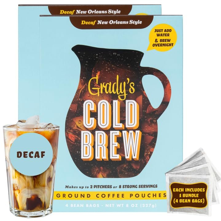 GRADY’S COLD BREW, New Orleans Style - DECAF, 100% Arabica Ground Coffee & Chicory Pouches, TWO Bundles of 4 Easy-to-Brew Bean Bags, Makes 24 drinks