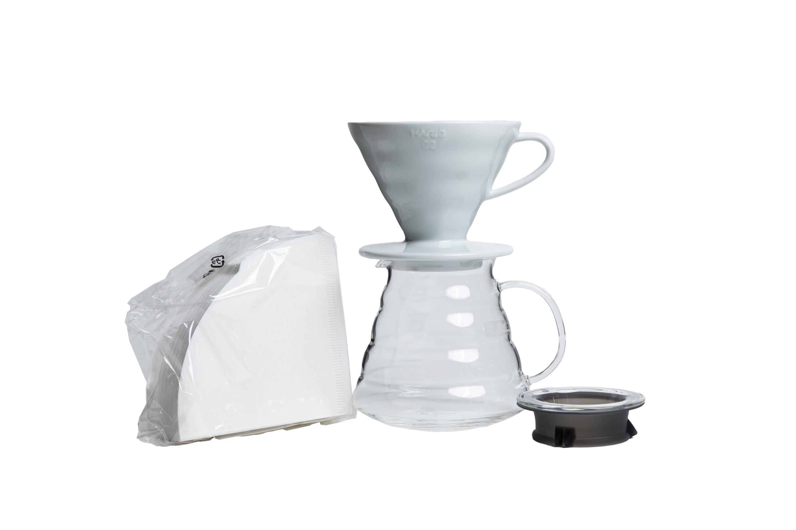 V60 Coffee Pour Over Kit Bundle Set - Comes with Ceramic Dripper, Range Server Glass Pot, Measuring Spoon, and 100 Count Package of Hario 02W Coffee Filters