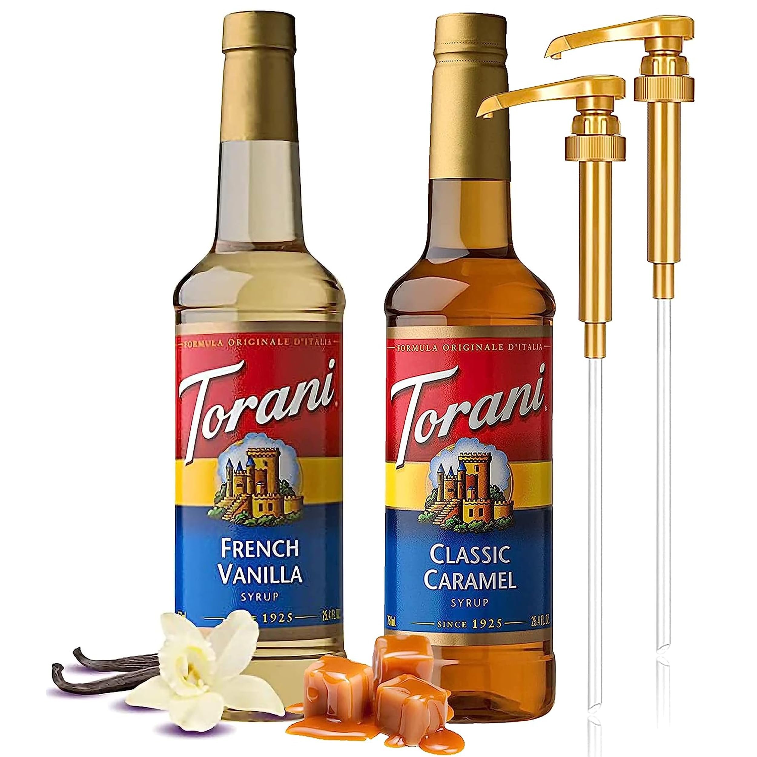 Jimoco Syrup Pump Dispenser with Torani Coffee Syrup Variety Pack - French Vanilla and Classic Caramel Syrup for Coffee with 2 Jimoco Syrup Pump Dispenser Compatible with Torani Syrup 25.4 oz Each