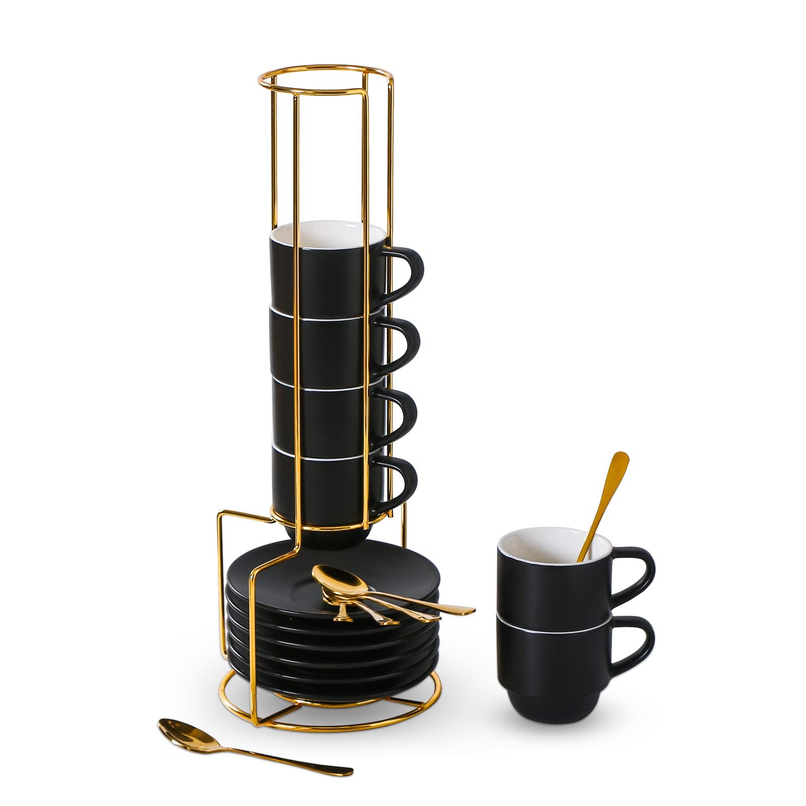 Lareina Porcelain 3-Ounce Espresso Cups Set of 6, Small Stackable Coffee Cups with Saucers, Spoons and Metal Stand - Ceramic Demitasse Mugs, Double Shots Expresso Cup, Matte Black