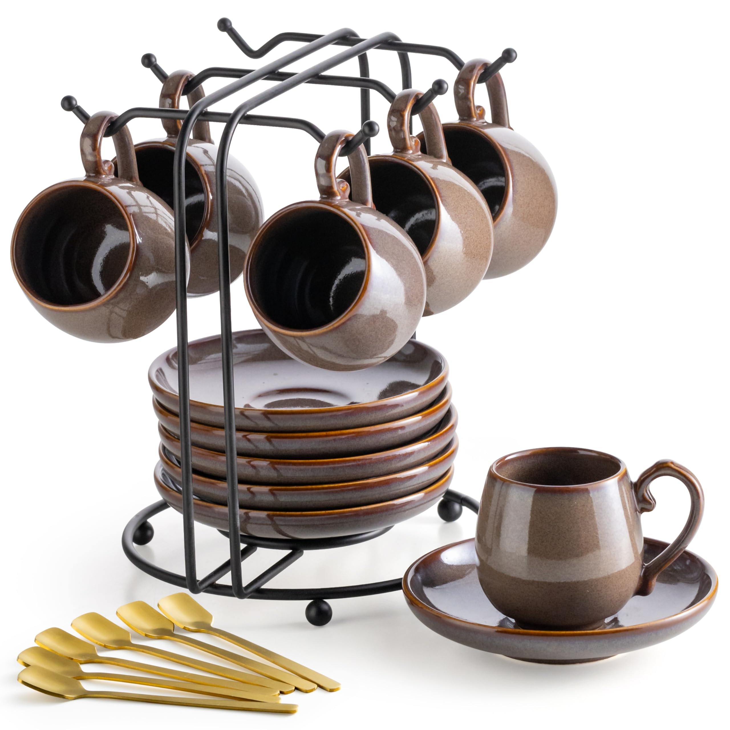 LYEOBOH 3 Ounce Espresso Cups and Saucers Set of 6, Ceramic Small Coffee Cups with Metal Holder and Spoons, Cute Demitasse Cups for Tea, Espresso, Latte, Cafe Mocha, Brown