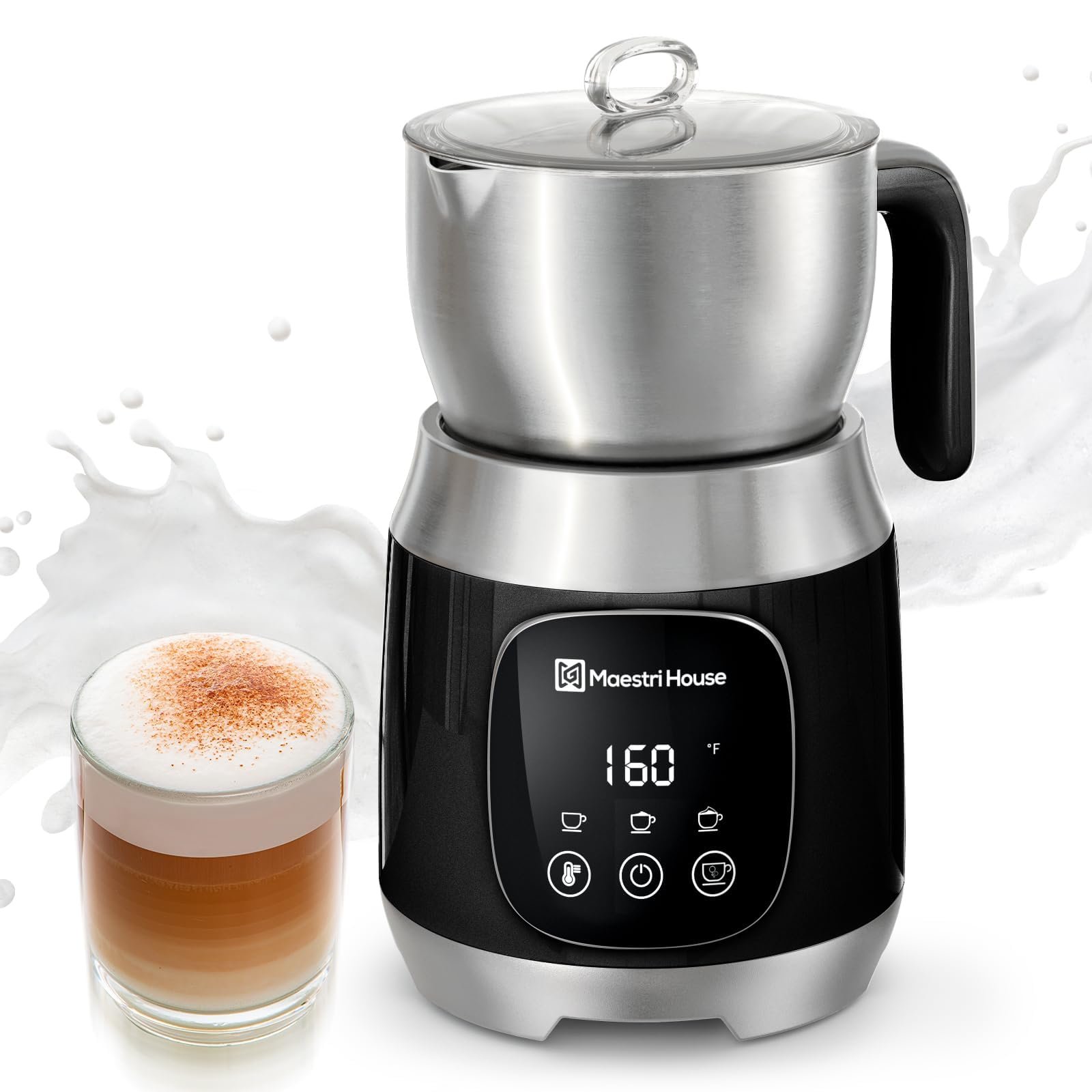 Maestri House Milk Frother, Variable Temp and Froth Thickness DualFro 600 Milk Frother Steamer, 21OZ Smart Touch Control Milk Warmer, Dishwasher Safe, Memory Function for Latte&Hot Chocolate (Black)