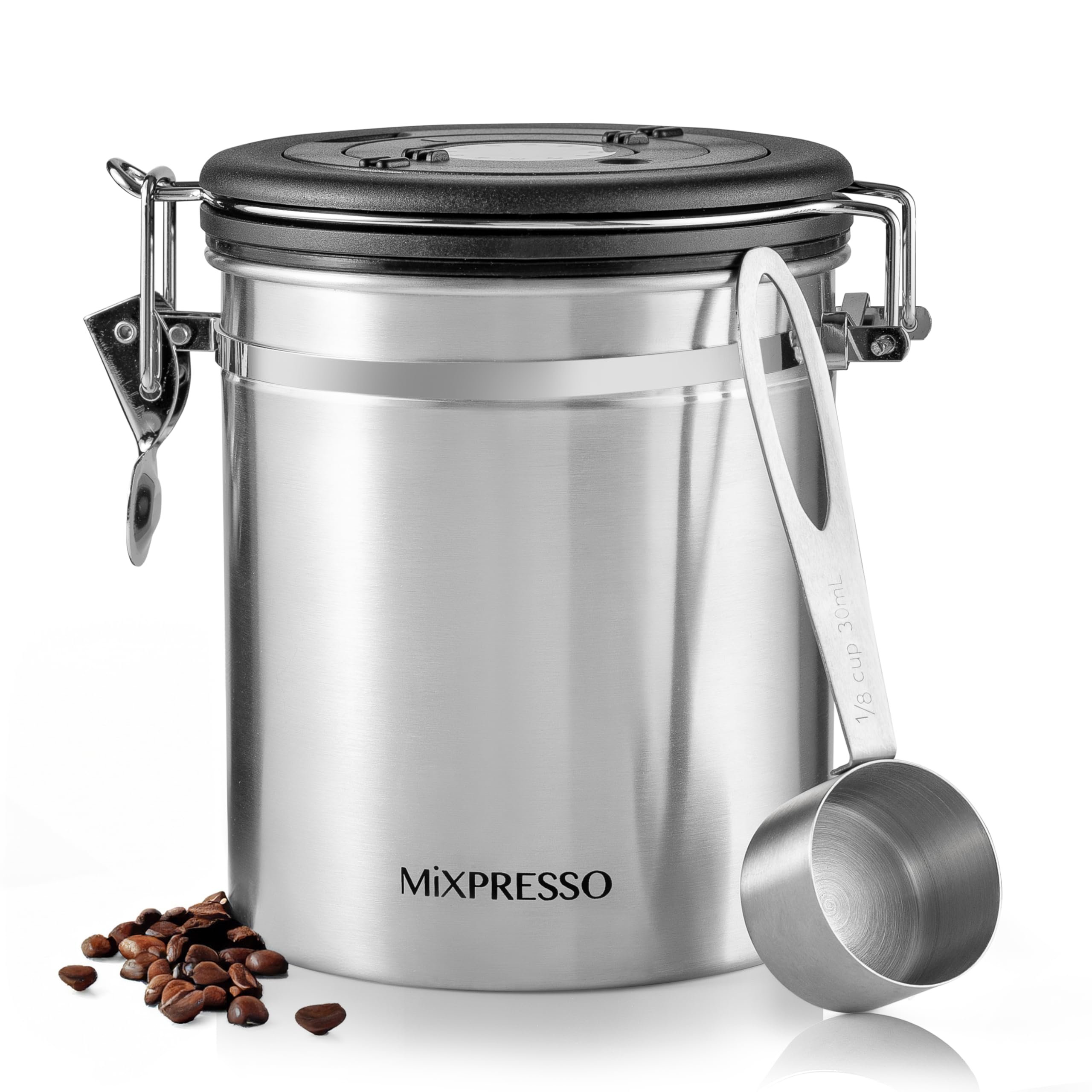 Mixpresso 16 Oz Stainless Steel Coffee Canister with Scoop – Airtight Coffee Container with CO2 Valve for Bean Storage, Date Tracker Lid