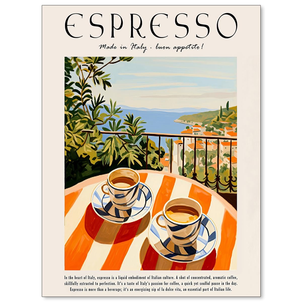 MWZUPQ Vintage Espresso Coffee Poster Italian Food Wall Art Trendy Cozy Travel Drink Prints Retro Kitchen Wall Decor for Coffee Shop Home Bedroom 12x16 inch Unframed