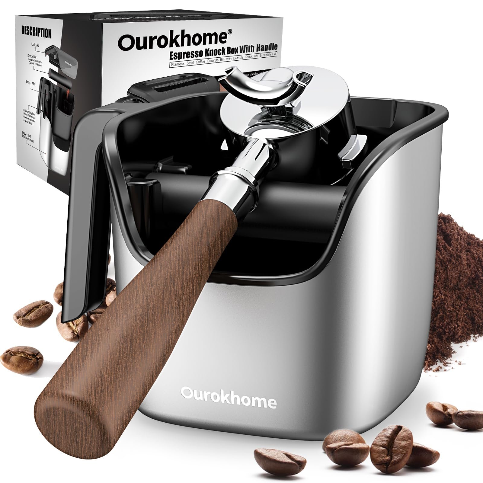 Ourokhome Espresso Knock Box with Lid, Compact Coffee Grounds Container for Home Coffee Bar, Removable Knock Bar, 304 Stainless Steel Exterior, Non-Slip Base & Handle, Easy Clean