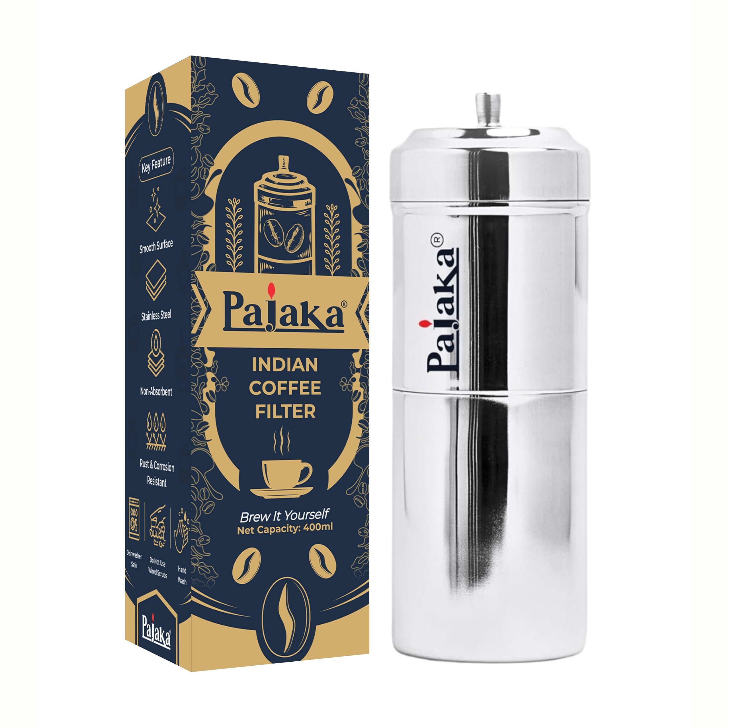 PAJAKA South Indian Filter Coffee Maker 6-8 Cup Mug Madras Kaapi Kappi Drip Decoction Maker Brewer Dripper Stainless Steel Medium Size for Home & Kitchen (400 ml)