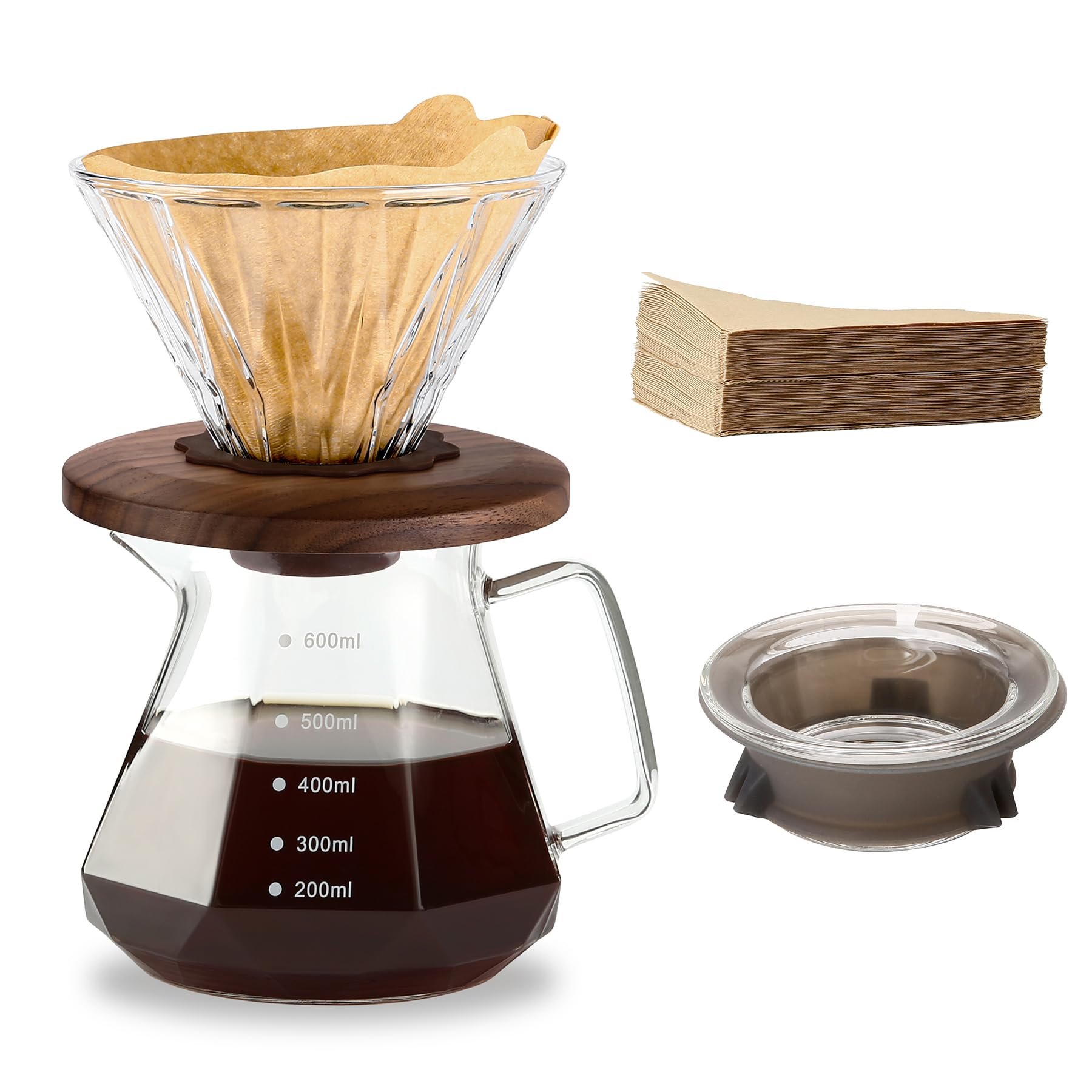 Pour Over Coffee Maker, 20 oz Borosilicate Glass Carafe with 100 pcs Size 02 Paper Filter, Walnut Handle & Glass Lid, 600 ml, Clear