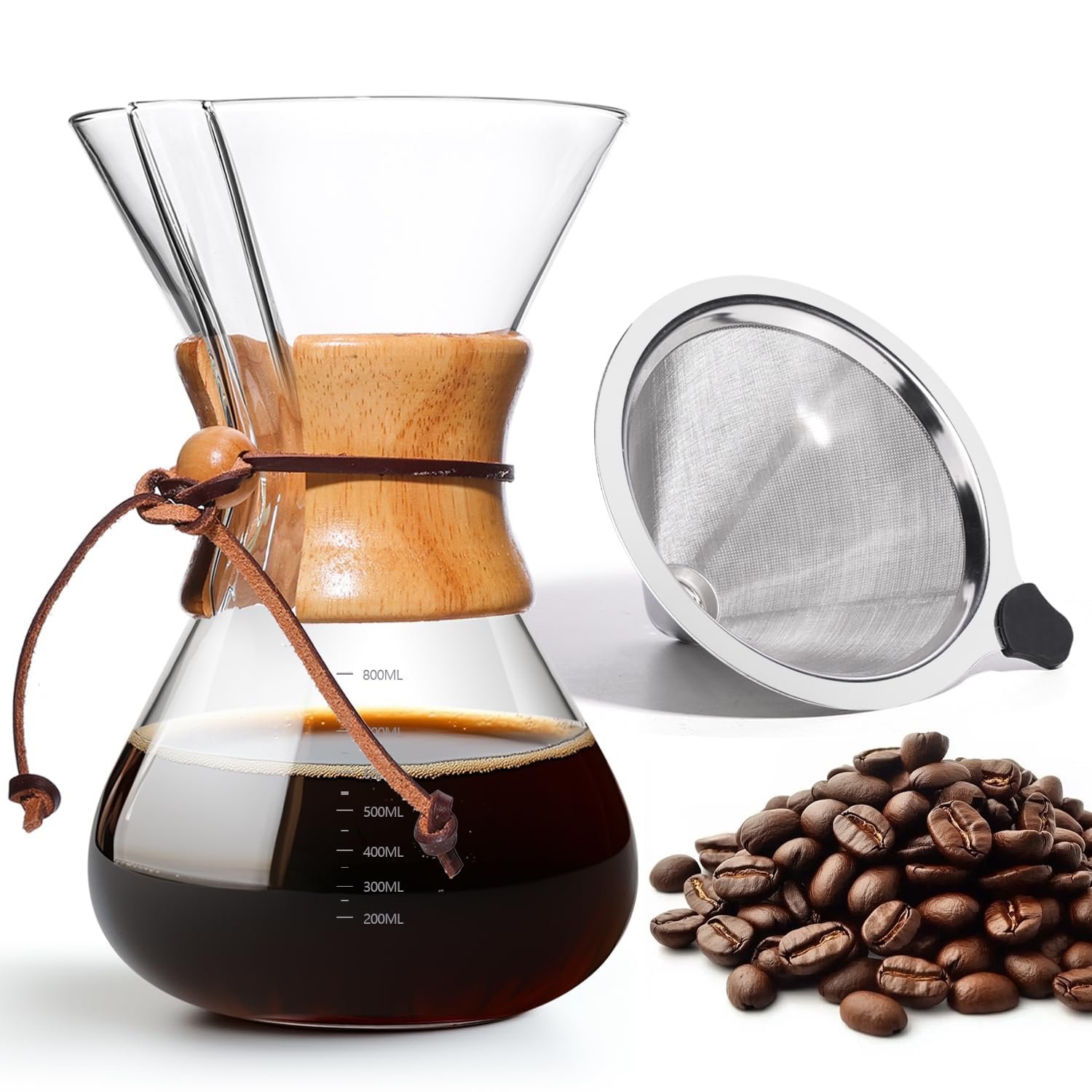 Pour Over Coffee Maker 27 OZ, 8 Cup Borosilicate Glass Drip Coffee Maker with Reusable Stainless Steel Filter and Cork Grip for Home Café 800 ML