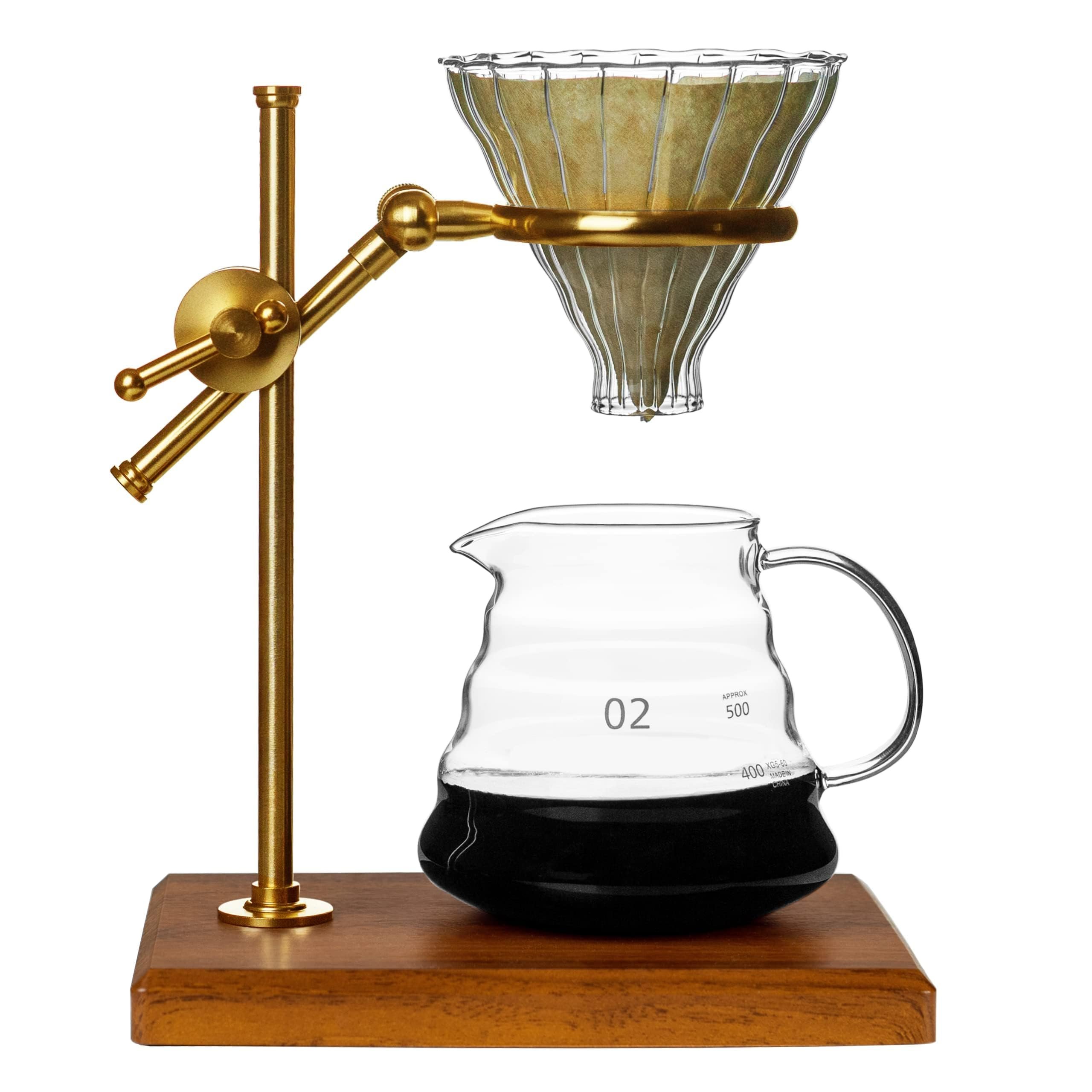 Pour Over Coffee Maker Set, Pour Over Coffee Maker with Stand, Adjustable Stainless Steel Stand, Wooden Base, Paper Filters, Cone Glass Coffee Carafe, Pour Over Coffee Dripper